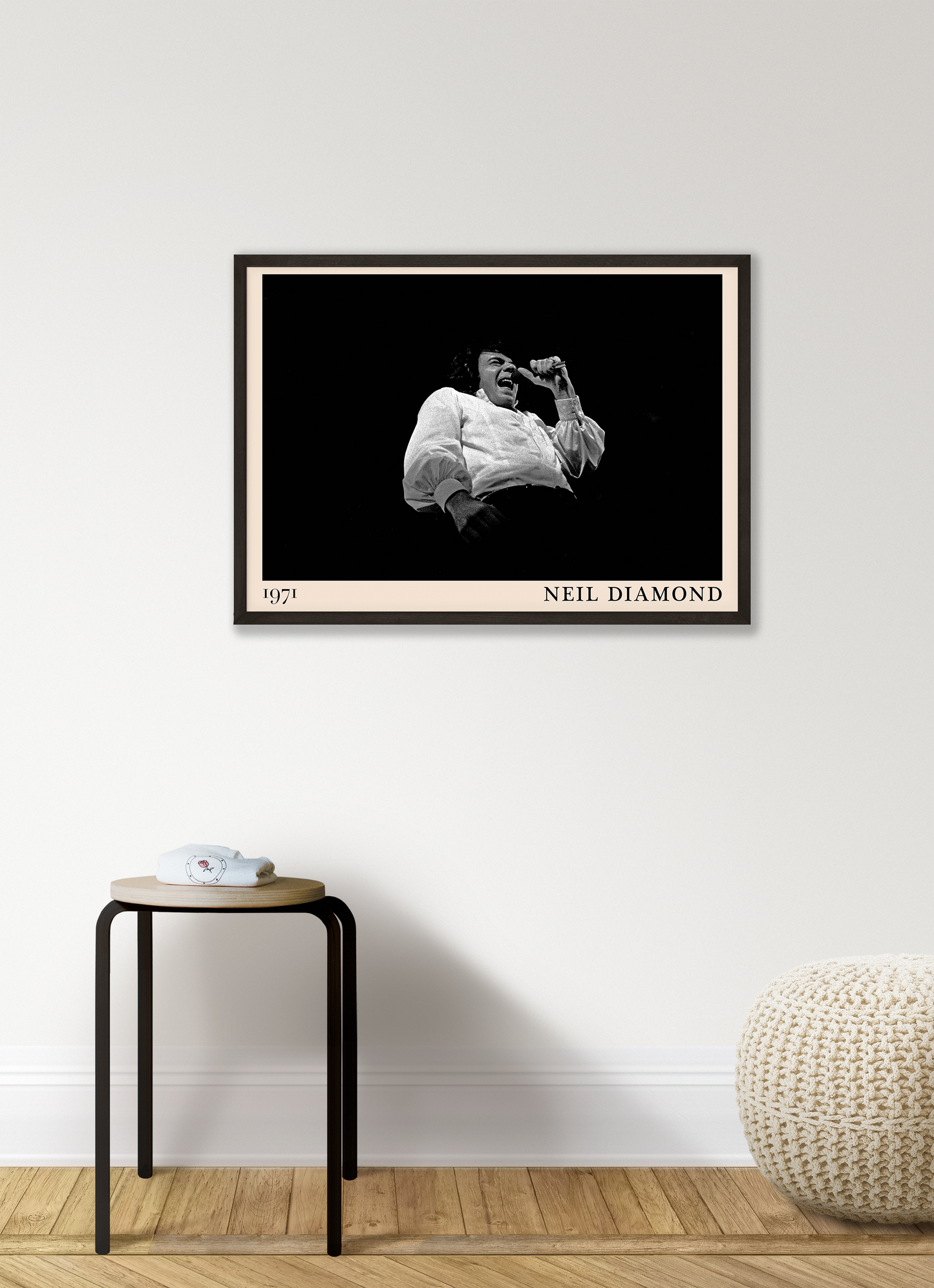 Iconic image of rock band Neil Diamond performing, captured by Heinrich Klaffs in 1971 and transformed into vintage-inspired wall decor hanging on a white living room wall