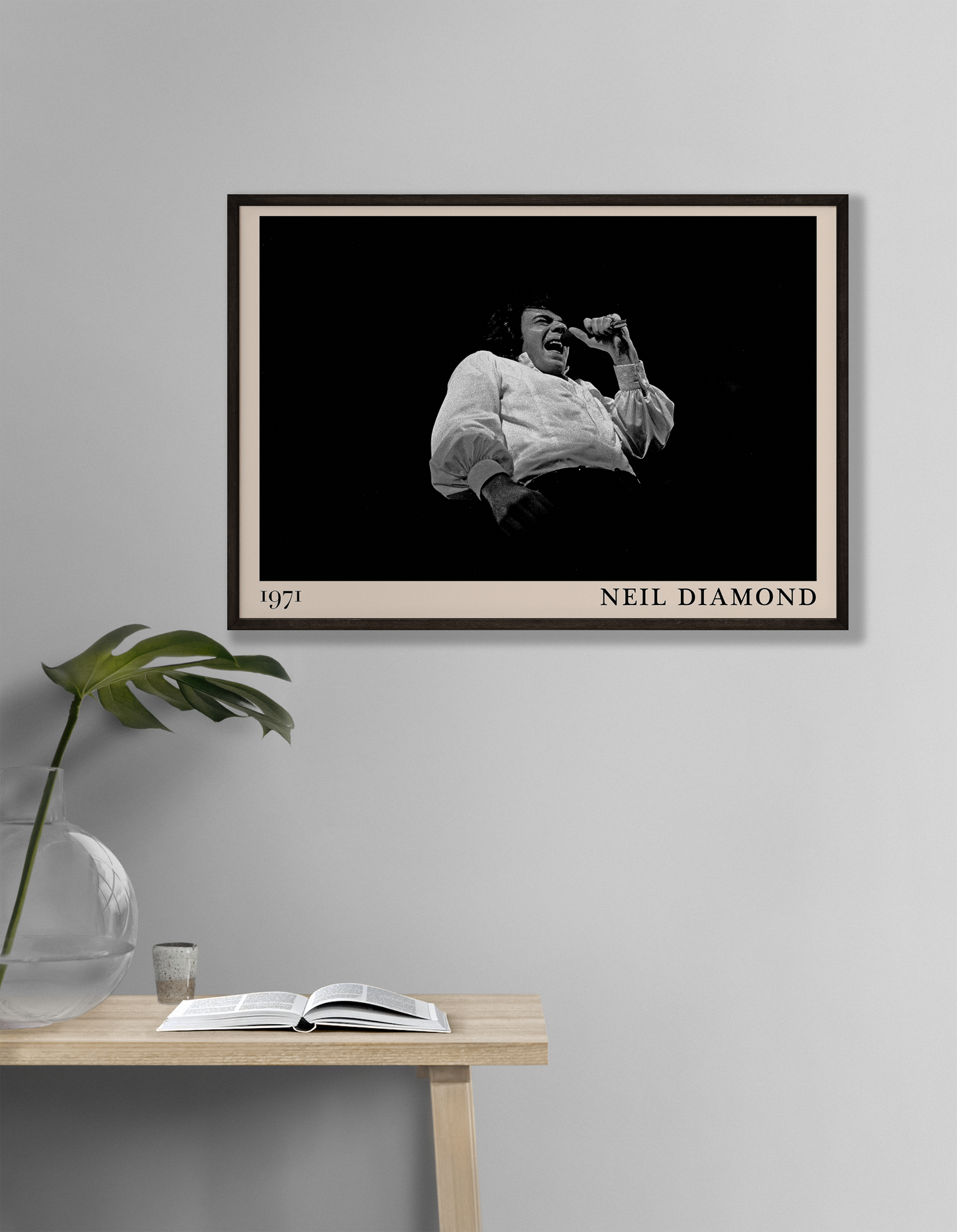 Iconic image of rock band Neil Diamond performing, captured by Heinrich Klaffs in 1971 and transformed into vintage-inspired wall decor hanging on a white living room wall