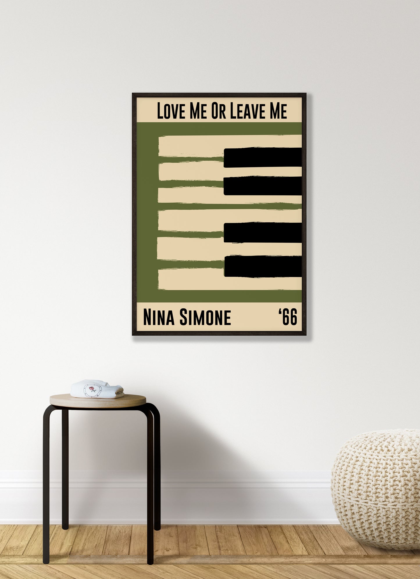 Olive green and cream piano design celebrating Nina Simone's Love Me or Leave Me, released in 1966. Mocked up into black framed print hanging on a white living room wall