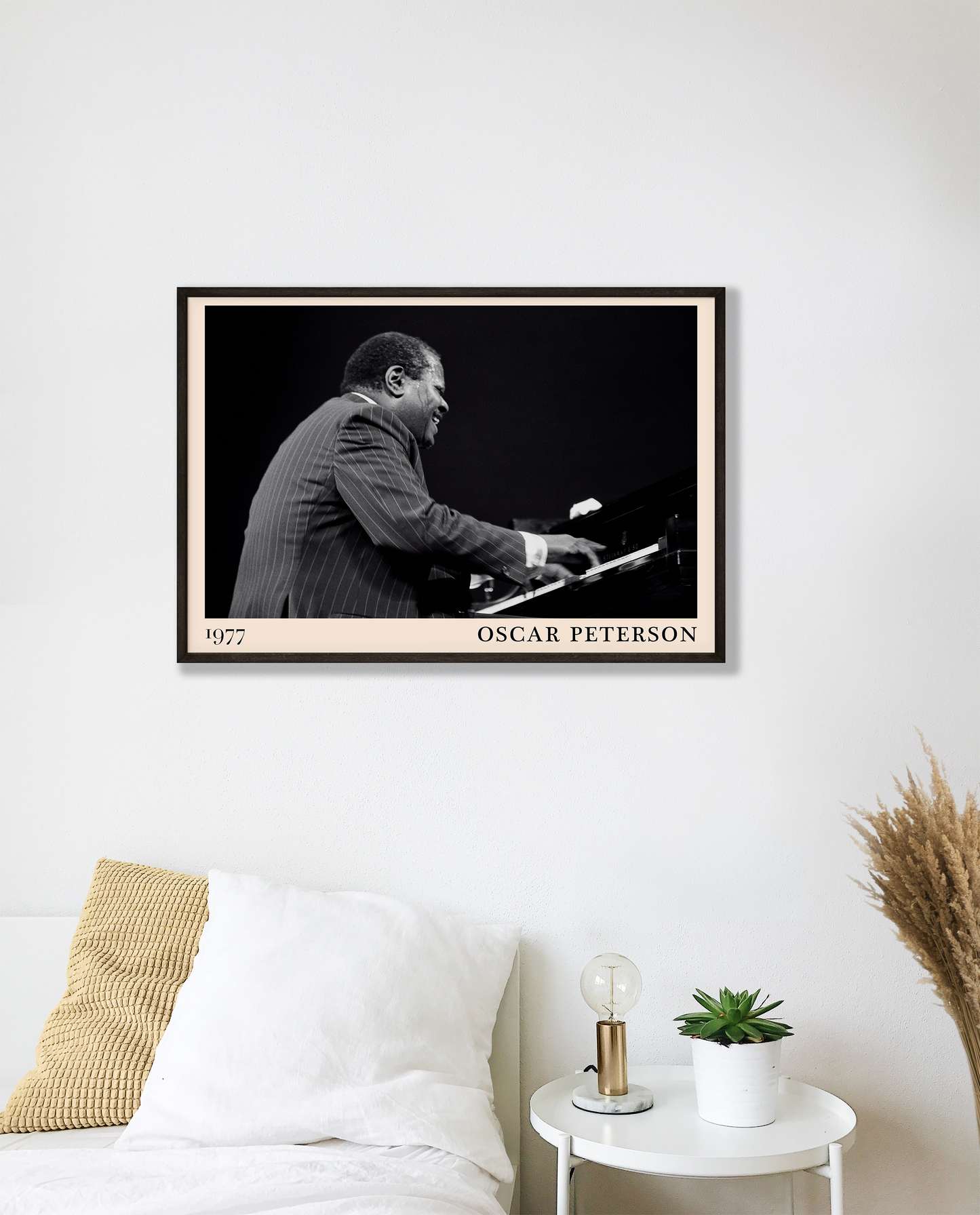 1977 photograph of Oscar Peterson taken by Thomas Marcello. Picture crafted into a cool black framed jazz print, with an off-white border. Poster is hanging on a white bedroom wall