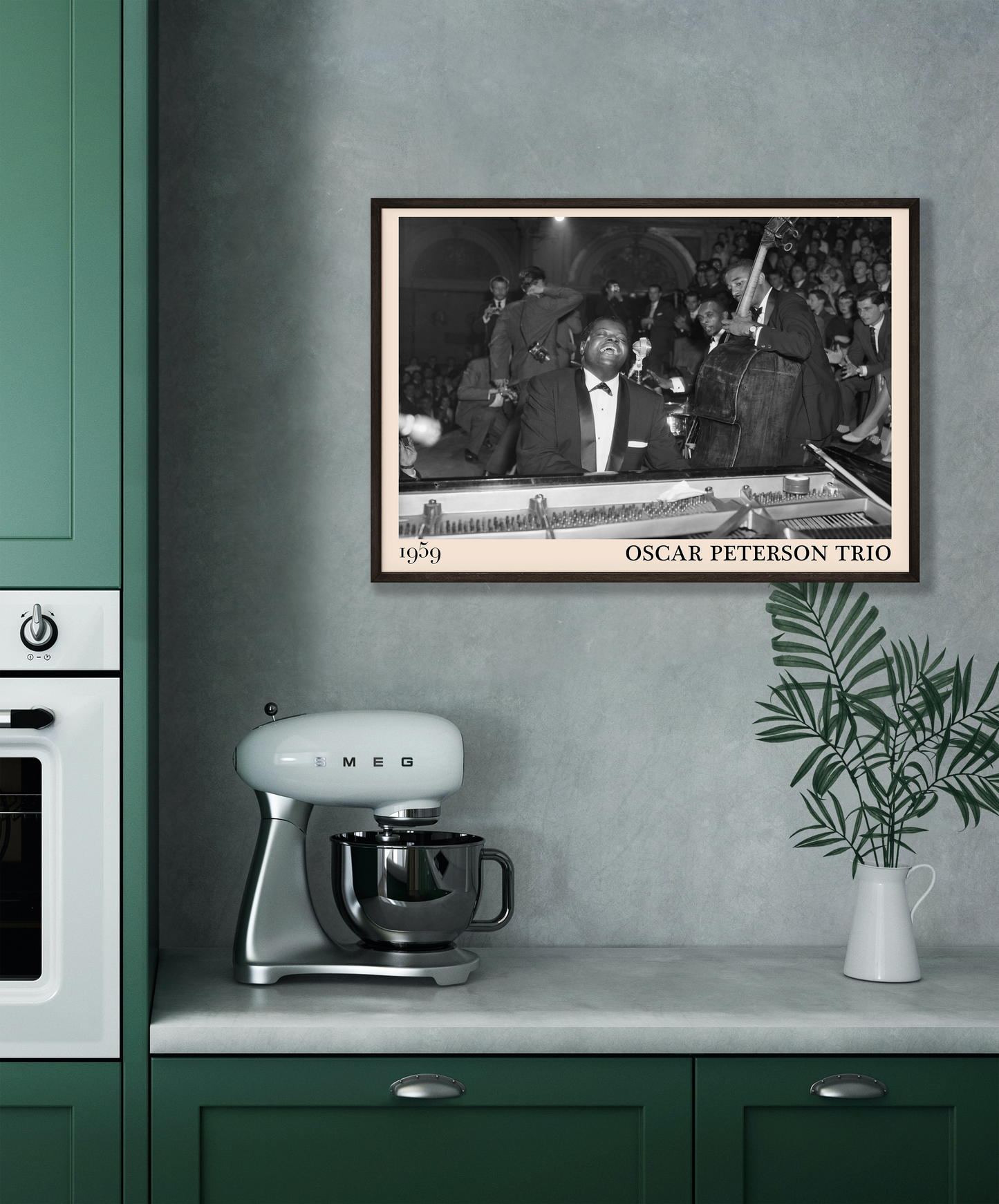 1959 picture of the Oscar Peterson Trio. Picture crafted into a cool black framed music poster, with an off-white border. Poster is hanging on a grey kitchen wall