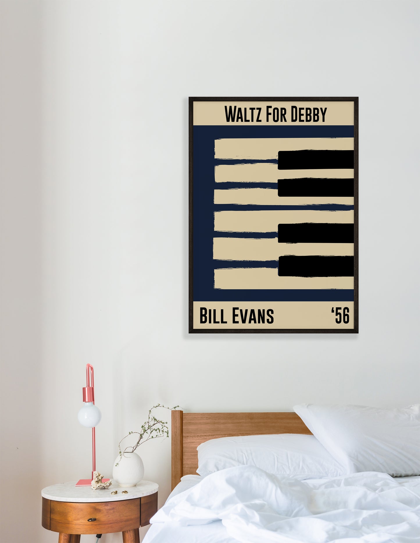 Blue and cream piano design celebrating Bill Evans' Waltz for Debby, released in 1956. Mocked up into black framed print hanging on a white bedroom wall