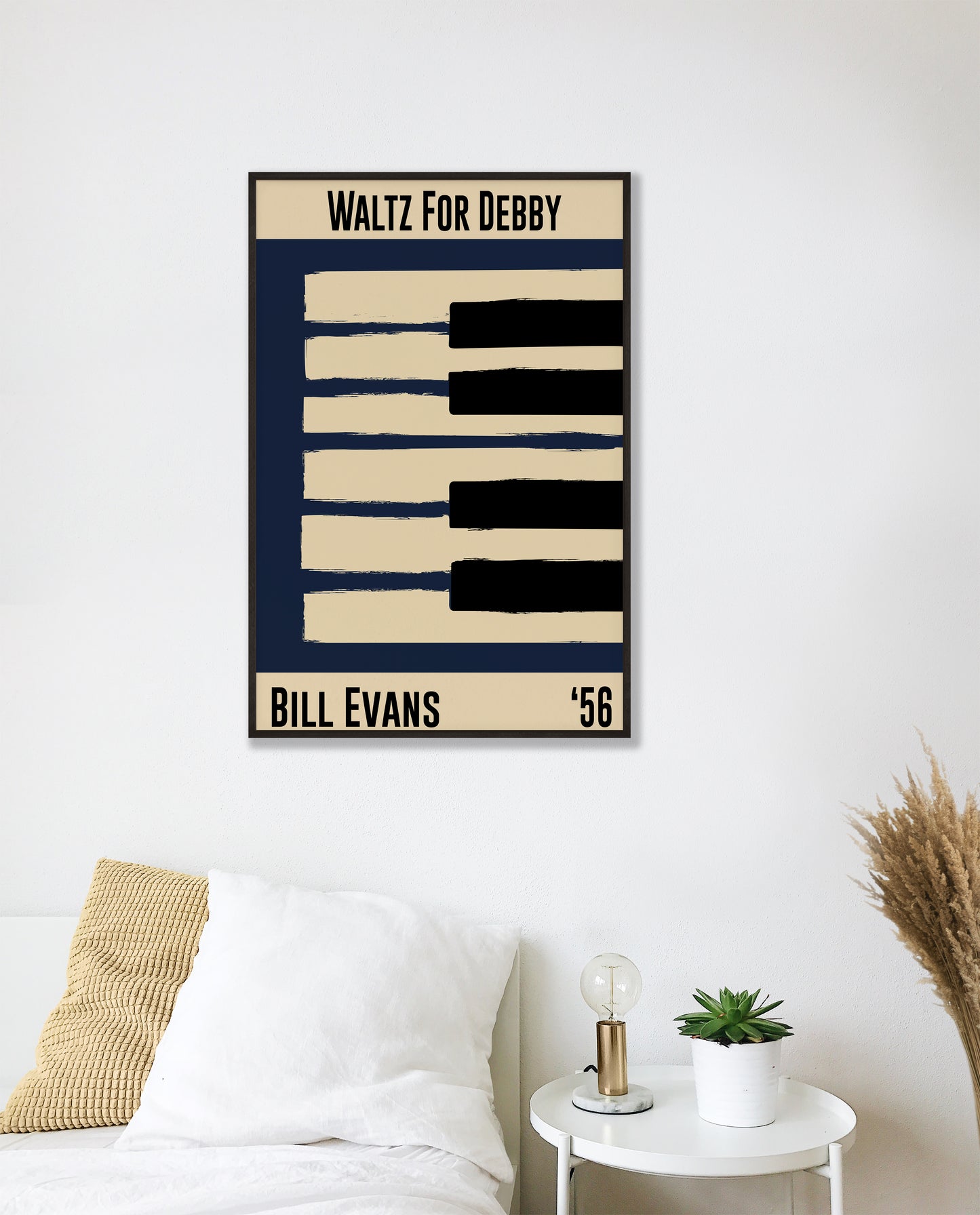 Blue and cream piano design celebrating Bill Evans' Waltz for Debby, released in 1956. Mocked up into black framed print hanging on a white bedroom wall