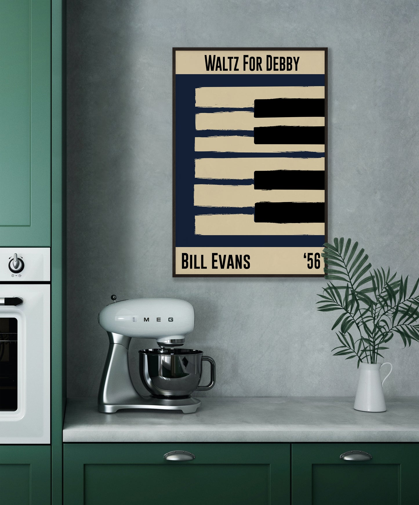 Blue and cream piano design celebrating Bill Evans' Waltz for Debby, released in 1956. Mocked up into black framed print hanging on a grey kitchen wall