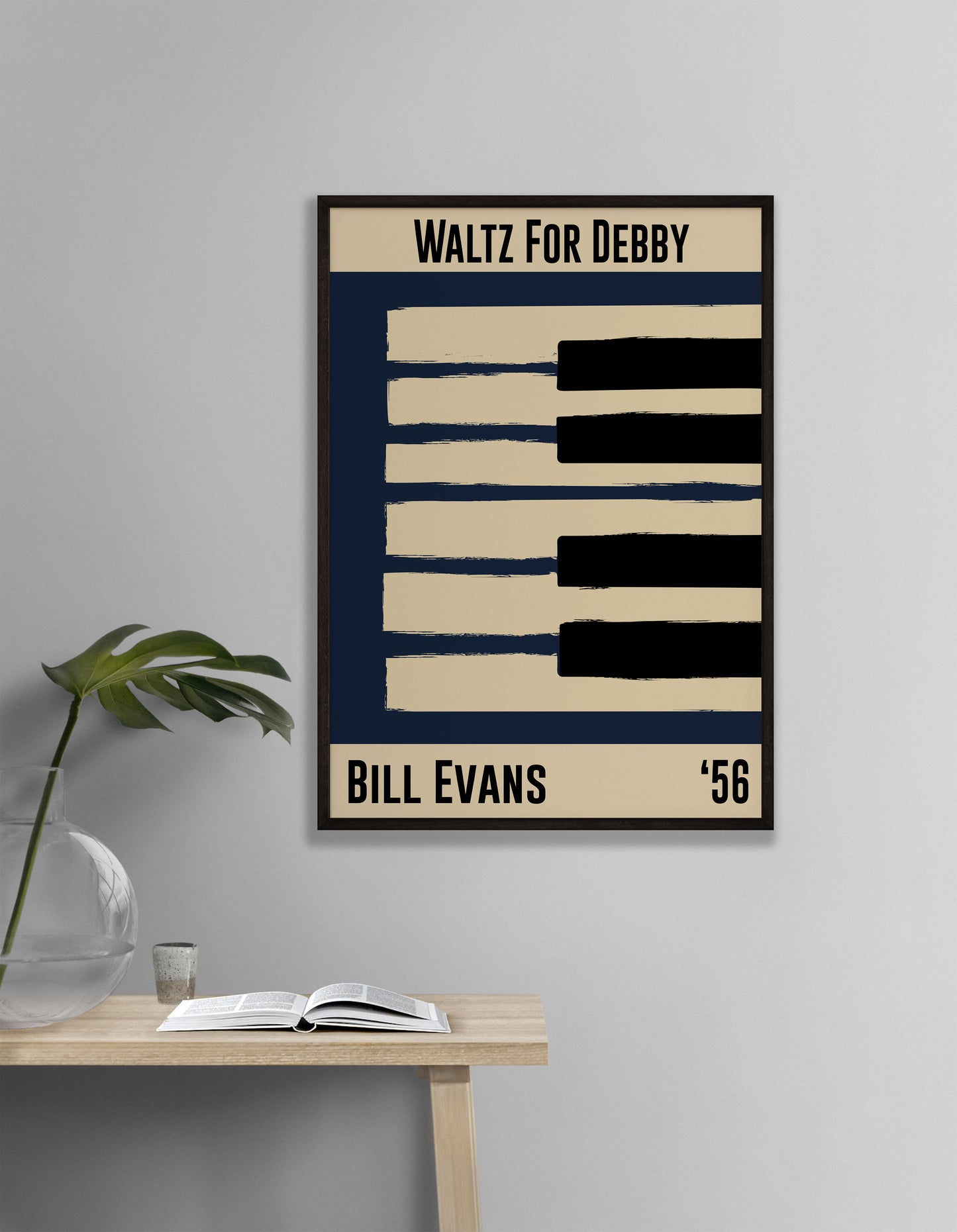 Blue and cream piano design celebrating Bill Evans' Waltz for Debby, released in 1956. Mocked up into black framed print hanging on a white living room wall
