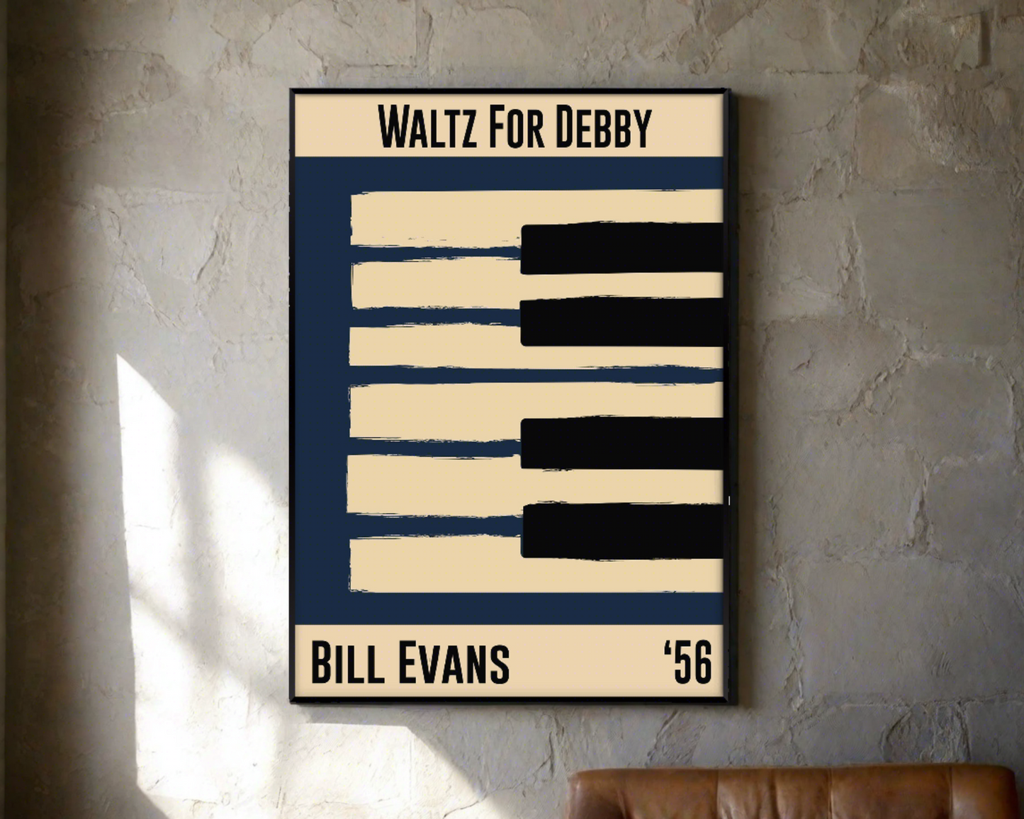 Blue and cream piano design celebrating Bill Evans' Waltz for Debby, released in 1956. Mocked up into black framed print on concrete wall