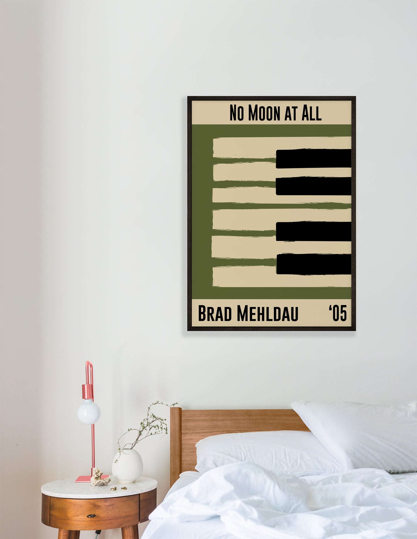 Olive green and cream piano design celebrating Brad Melhdau's No Moon At All, released in 2005. Mocked up into black framed print hanging on white bedroom wall