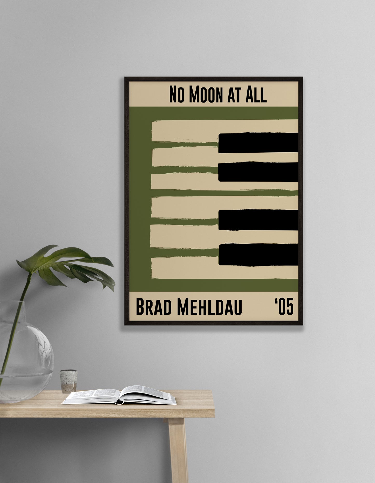 Olive green and cream piano design celebrating Brad Melhdau's No Moon At All, released in 2005. Mocked up into black framed print hanging on white living room wall