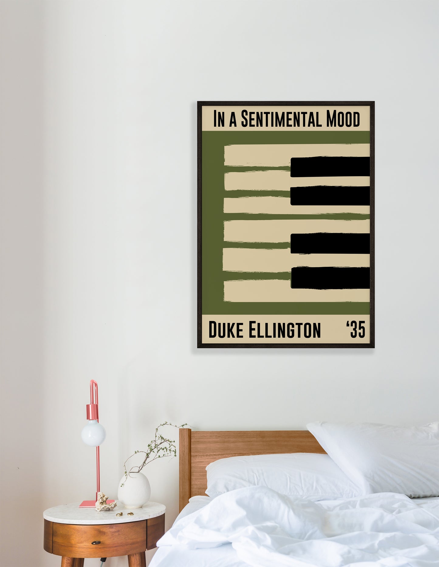 Olive green and cream piano design celebrating Duke Ellington's In A Sentimental Mood, released in 1935. Mocked up into black framed print hanging on a white bedroom wall