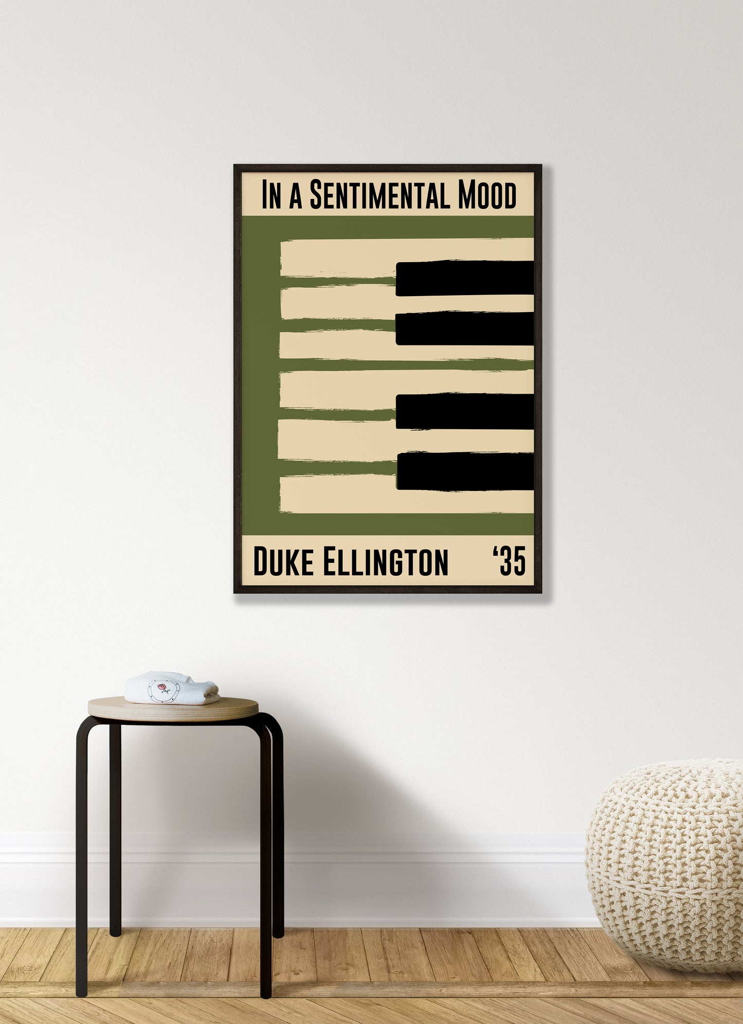 Olive green and cream piano design celebrating Duke Ellington's In A Sentimental Mood, released in 1935. Mocked up into black framed print hanging on a white living room wall