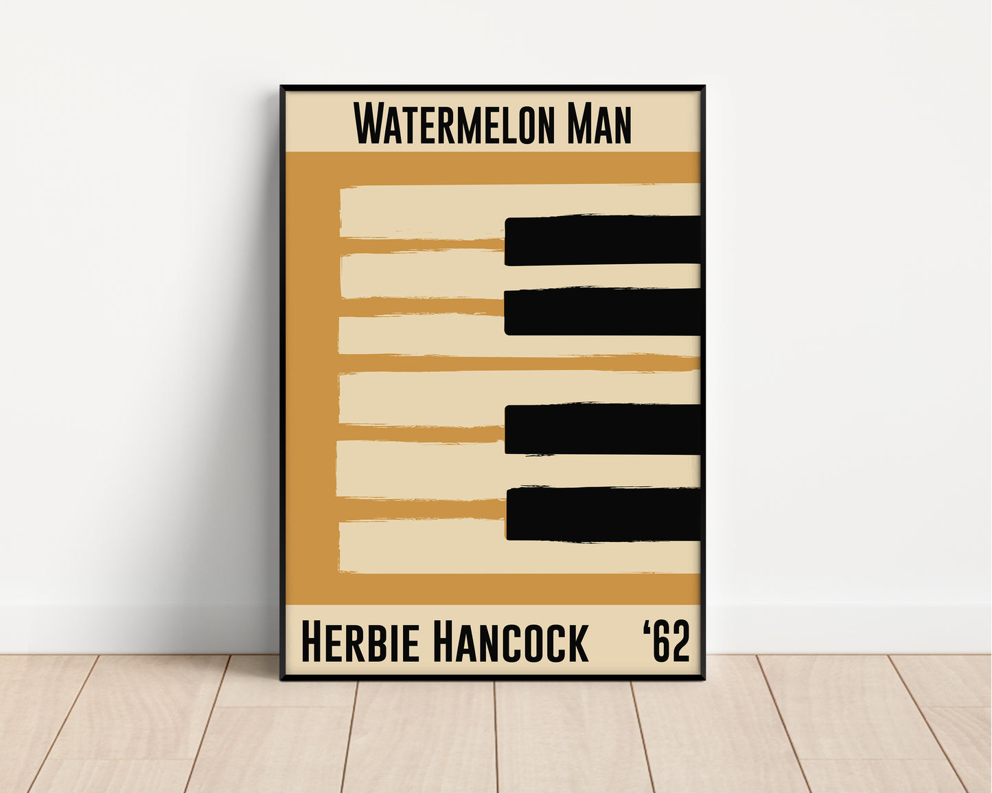 Framed yellow jazz poster featuring a piano design and Herbie Hancock's 1962 number 'Watermelon Man'. Vintage music decor, classic soul art, perfect for jazz and soul enthusiasts and Herbie Hancock fans