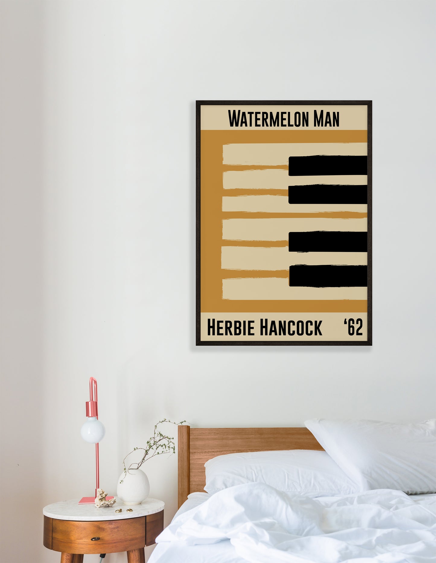 Framed yellow jazz poster featuring a piano design and Herbie Hancock's 1962 number 'Watermelon Man'. Vintage music decor, classic soul art, perfect for jazz and soul enthusiasts and Herbie Hancock fans