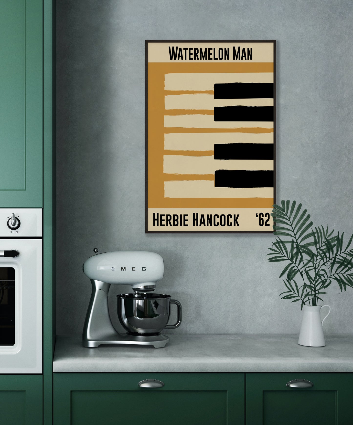 Framed yellow jazz poster featuring a piano design and Herbie Hancock's 1962 number 'Watermelon Man'. Vintage music decor, classic soul art, perfect for jazz and soul enthusiasts and Herbie Hancock fans
