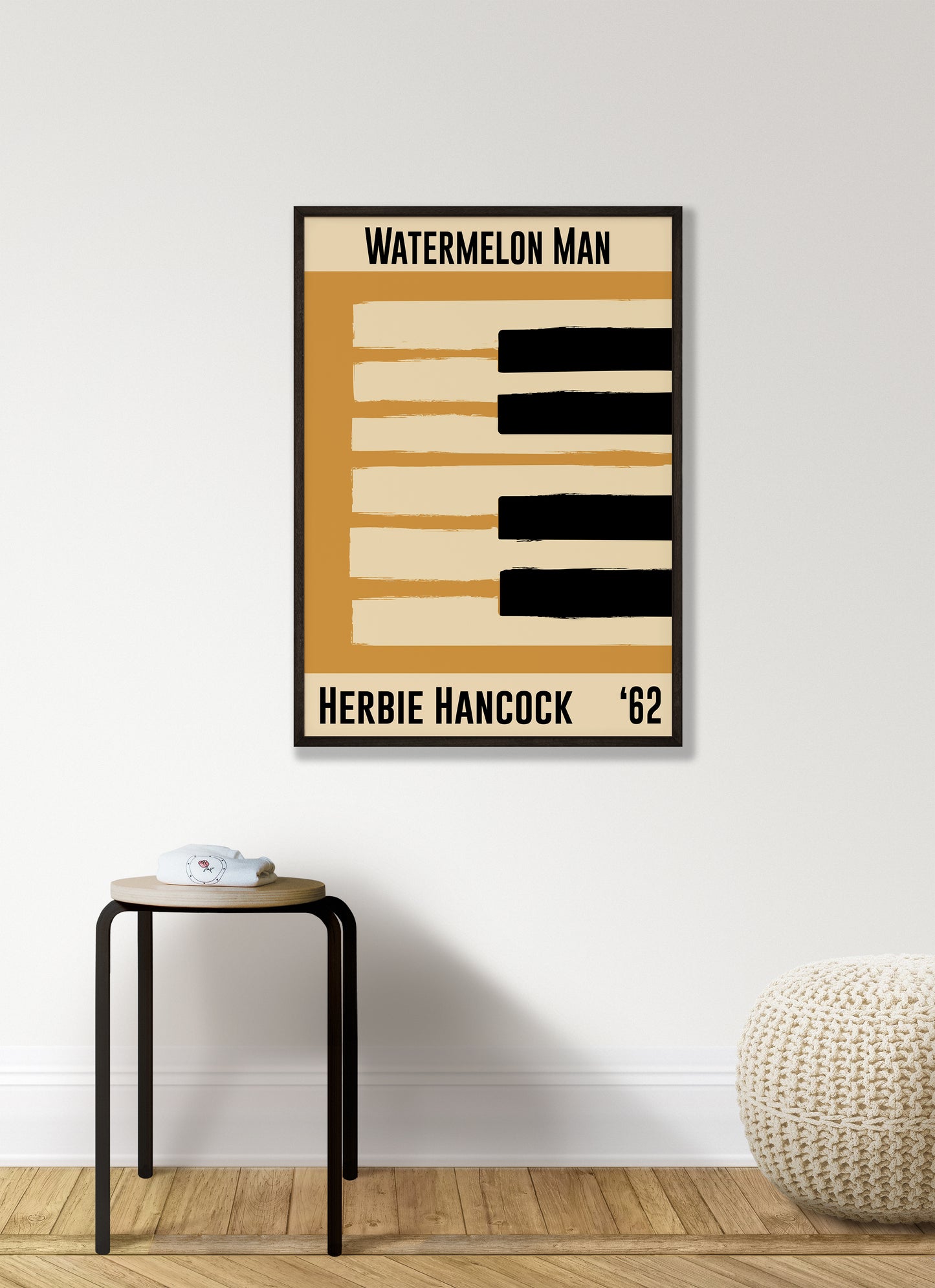Framed yellow jazz poster featuring a piano design and Herbie Hancock's 1962 number 'Watermelon Man'. Vintage music decor, classic soul art, perfect for jazz and soul enthusiasts and Herbie Hancock fans