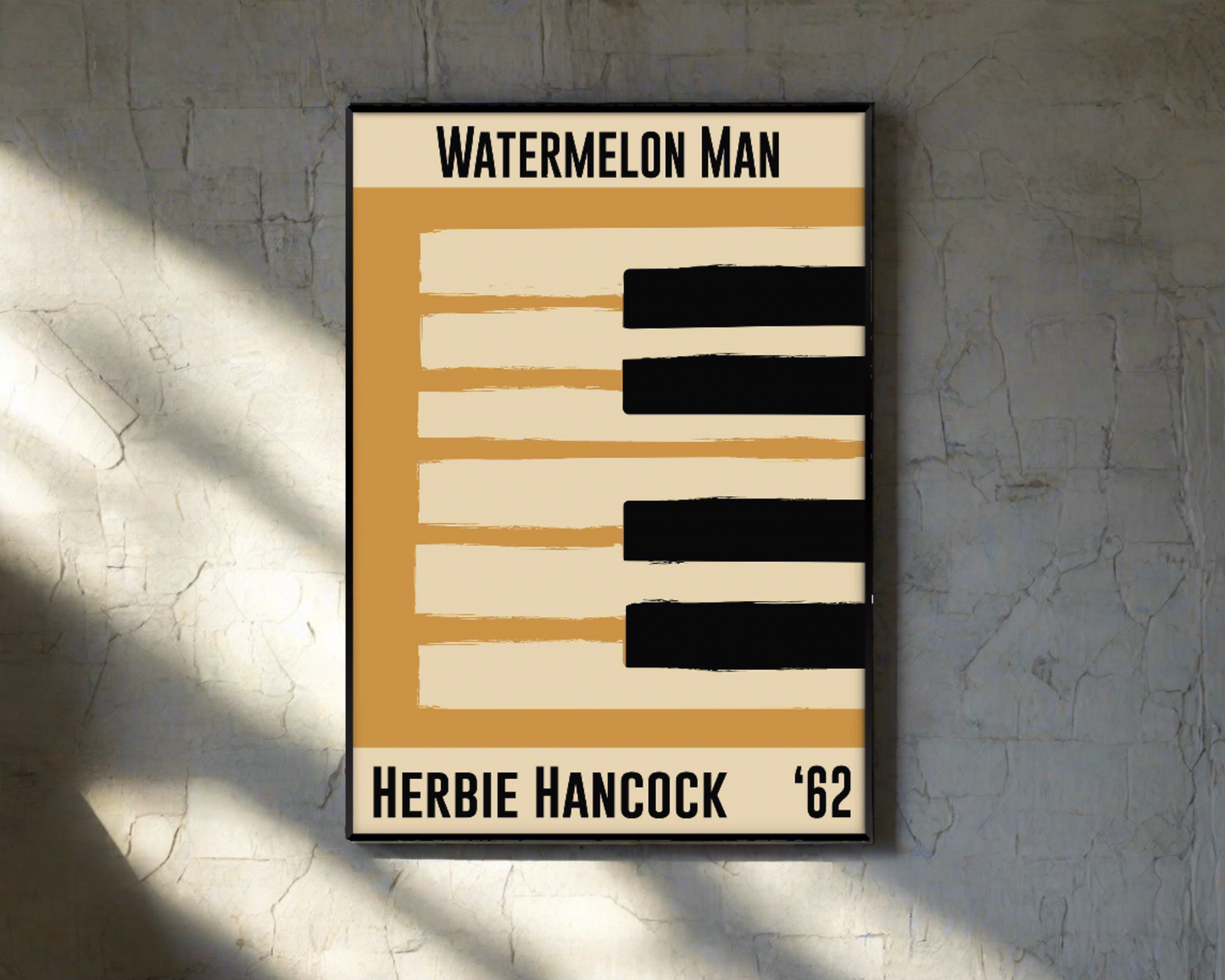 Framed yellow jazz poster featuring a piano design and Herbie Hancock's 1962 number 'Watermelon Man'. Vintage music decor, classic soul art, perfect for jazz and soul enthusiasts and Herbie Hancock fans