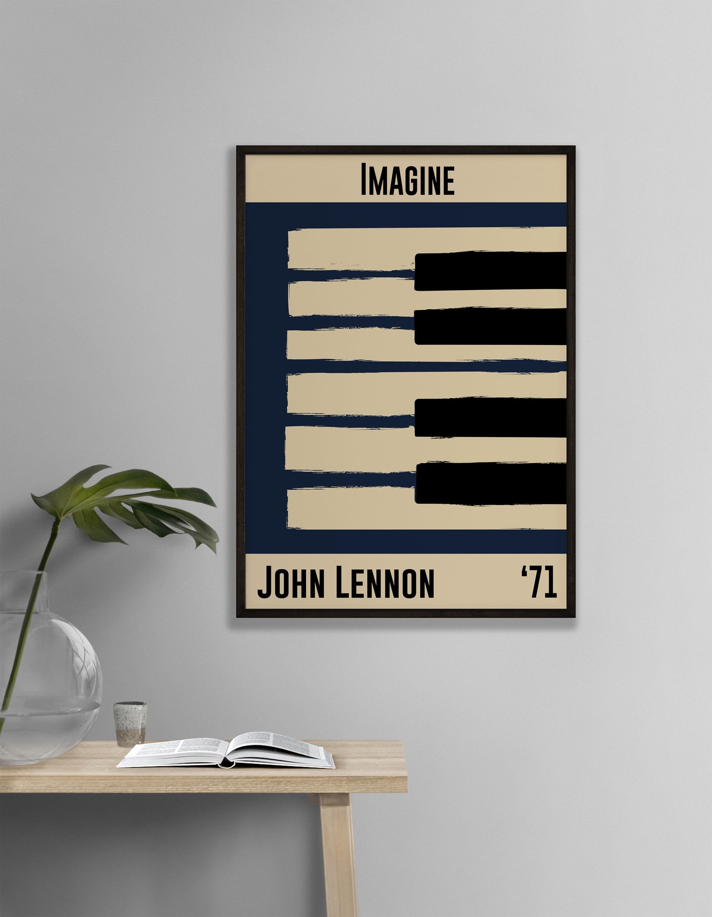 Framed blue jazz poster featuring a piano design and John Lennon's 1971 number 'Imagine'. Vintage music decor, classic soul art, perfect for jazz and soul enthusiasts and John Lennon fans