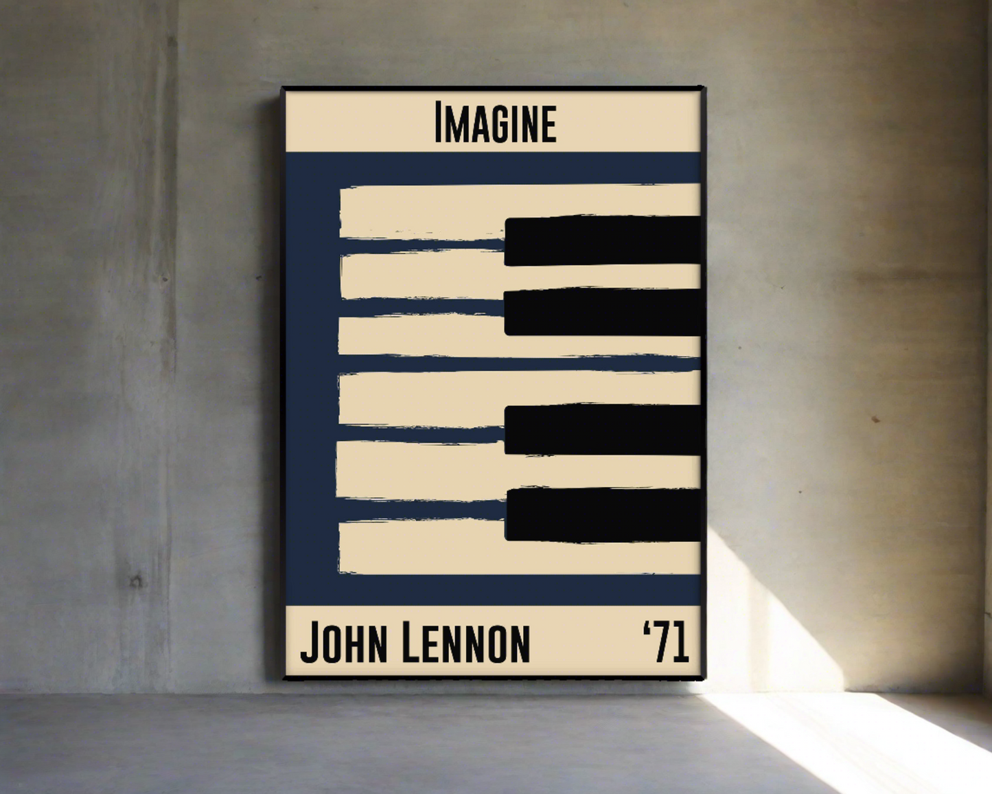 Framed blue jazz poster featuring a piano design and John Lennon's 1971 number 'Imagine'. Vintage music decor, classic soul art, perfect for jazz and soul enthusiasts and John Lennon fans