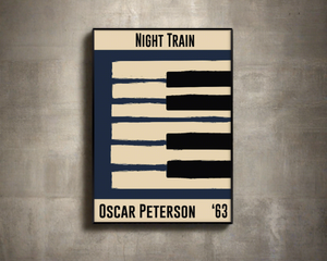 Blue and cream piano design celebrating Oscar Peterson's Night Train, released in 1963. Mocked up into black framed print hanging on a concrete wall