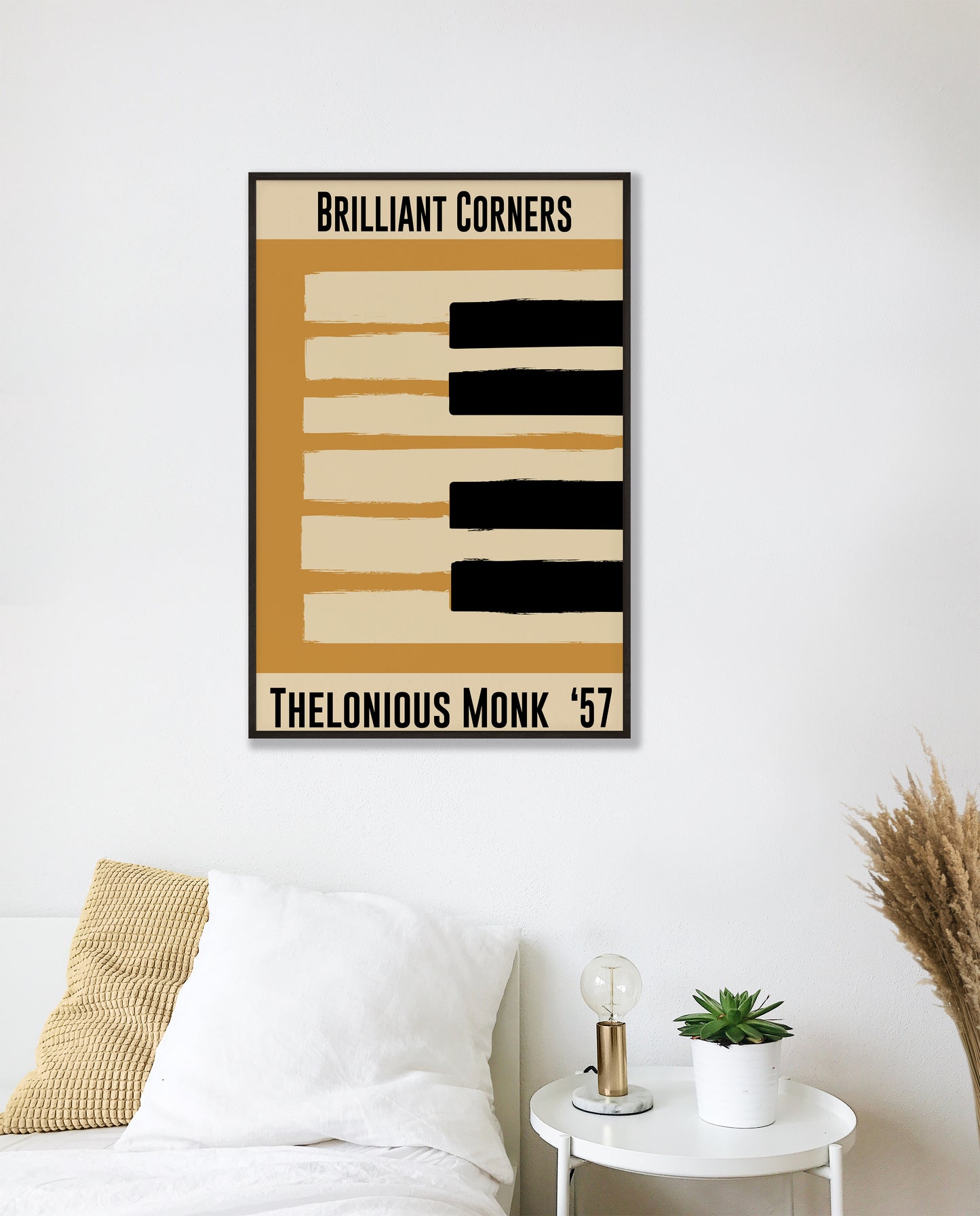 Yellow and cream piano design celebrating Thelonious Monk's Brilliant Corners, released in 1957. Mocked up into black framed print hanging on a white bedroom wall