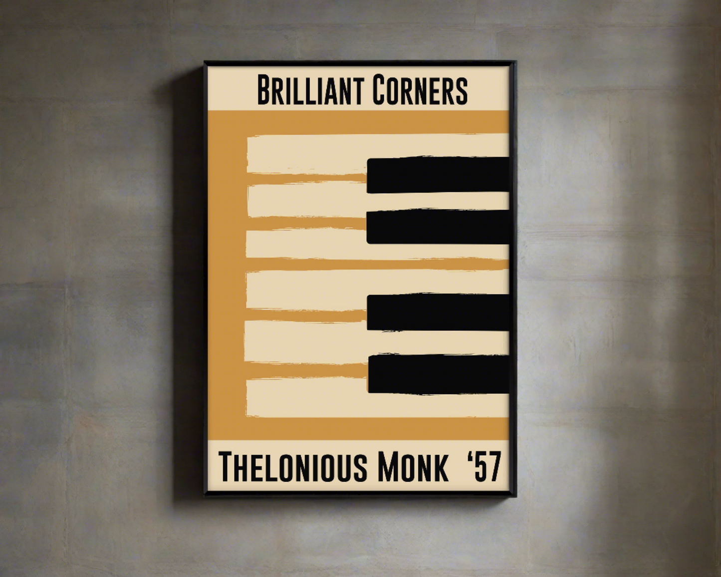 Yellow and cream piano design celebrating Thelonious Monk's Brilliant Corners, released in 1957. Mocked up into black framed print hanging on a concrete wall