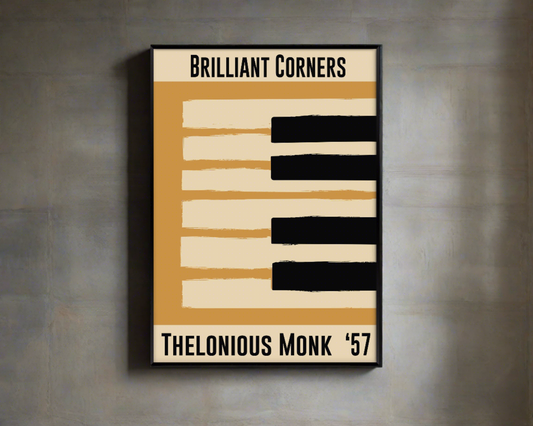 Yellow and cream piano design celebrating Thelonious Monk's Brilliant Corners, released in 1957. Mocked up into black framed print hanging on a concrete wall