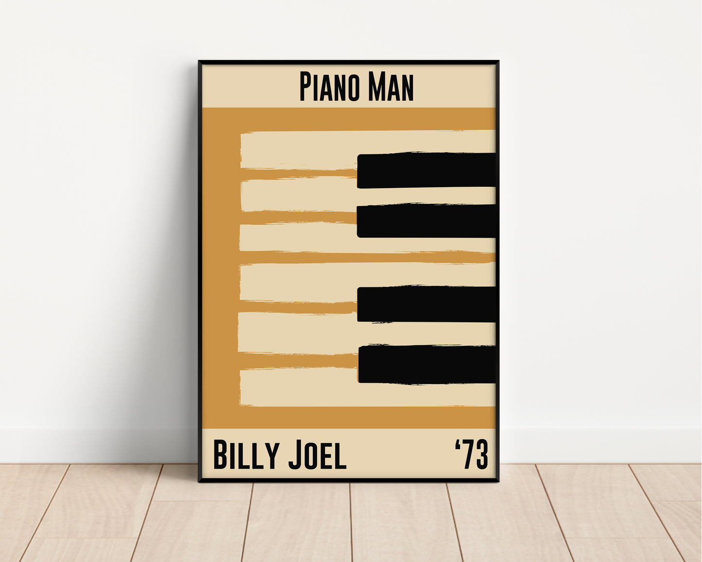 Yellow and cream piano design celebrating Billy Joel's Piano Man, released in 1973. Mocked up into black framed print leaning on a white living room wall