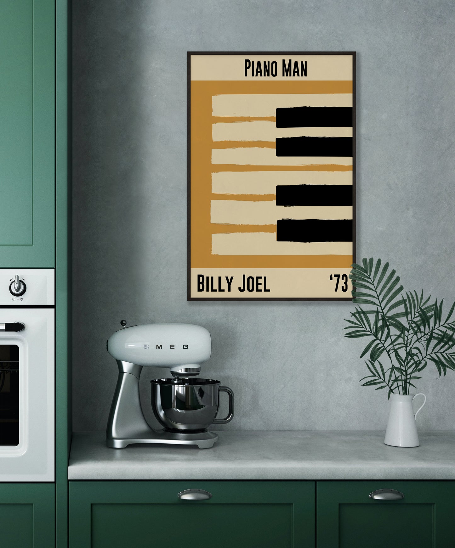 Yellow and cream piano design celebrating Billy Joel's Piano Man, released in 1973. Mocked up into black framed print hanging on grey kitchen wall