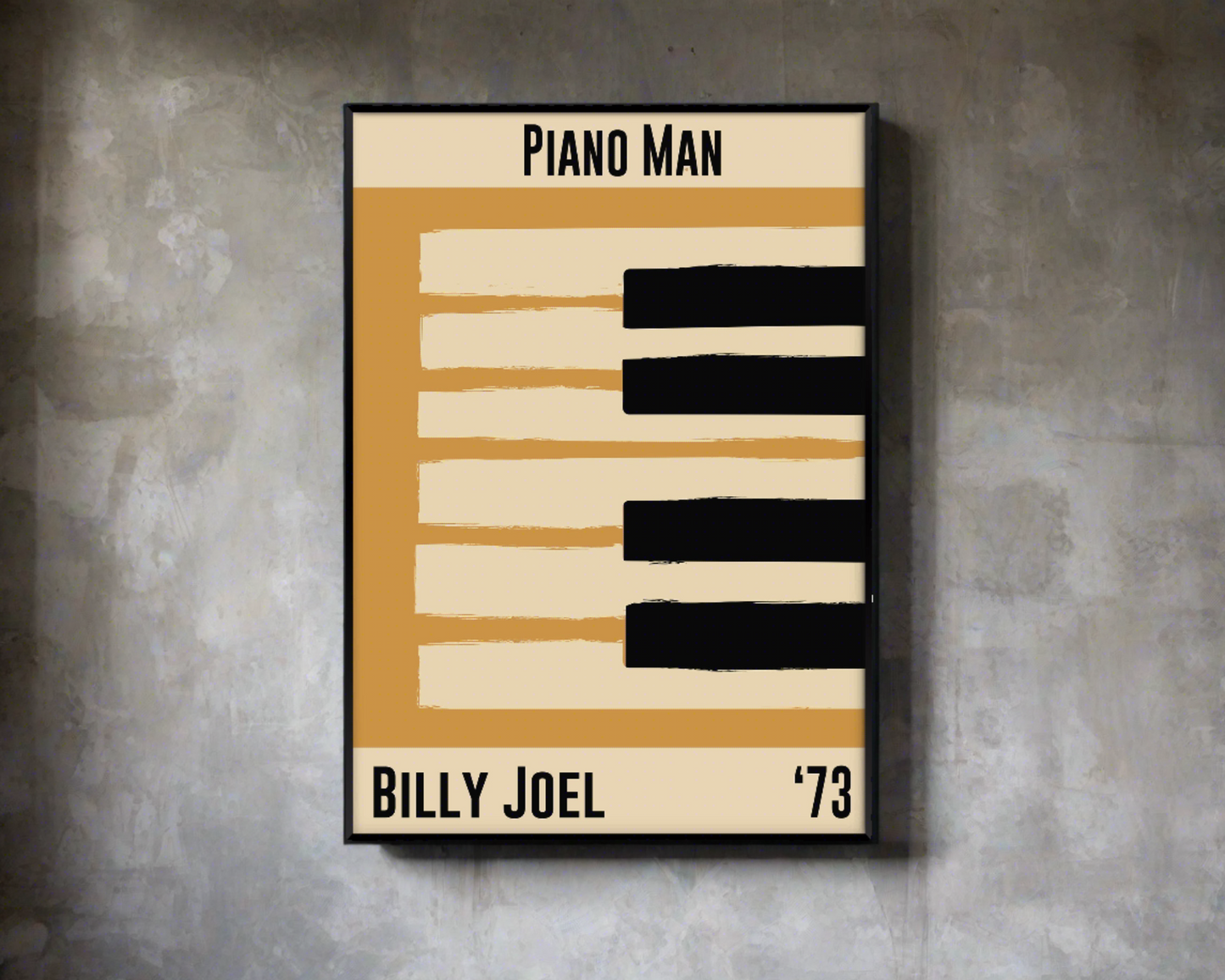 Yellow and cream piano design celebrating Billy Joel's Piano Man, released in 1973. Mocked up into black framed print hanging on a concrete wall