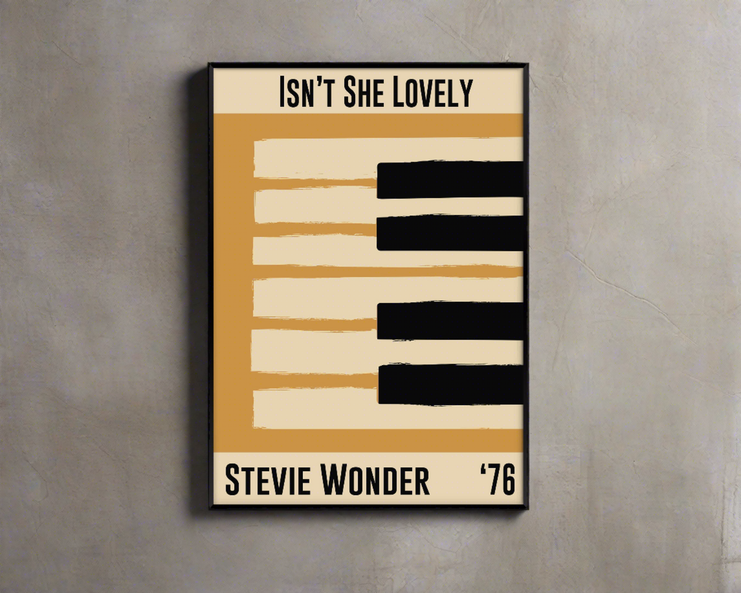 Yellow and cream piano design celebrating Stevie Wonder's Isn't She Lovely, released in 1976. Mocked up into black framed print hanging on a concrete wall