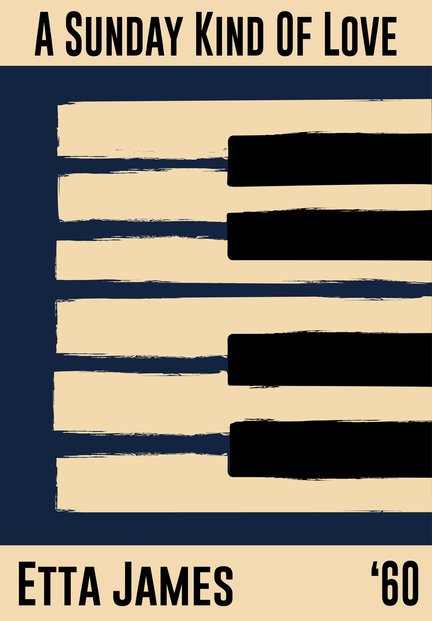 Blue jazz poster featuring a piano design and Etta James' 1960 song 'Sunday Kind of Love'. Vintage music decor, classic jazz art, perfect for jazz enthusiasts and Etta James fans.