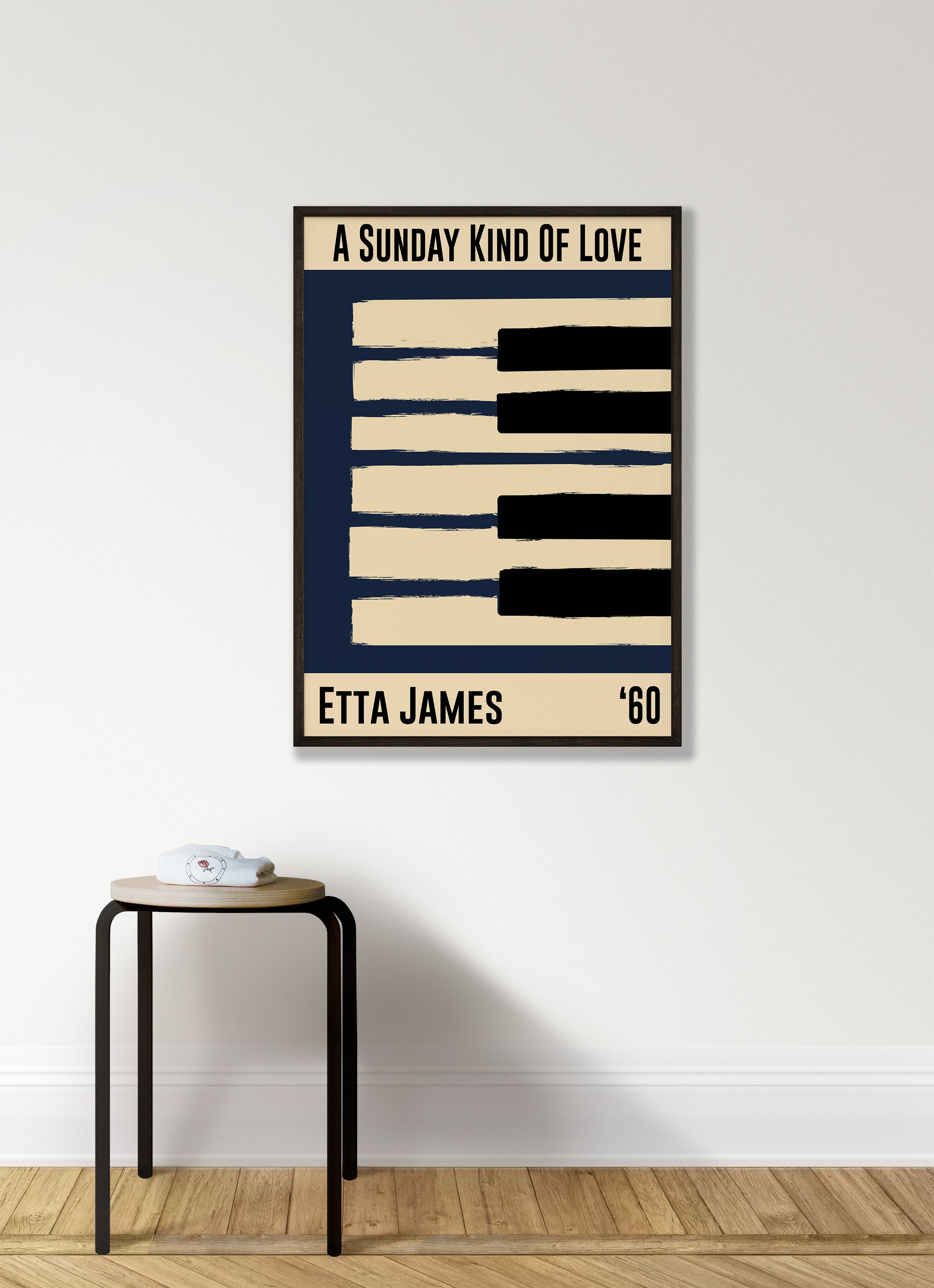 Framed jazz poster featuring a piano design and Etta James' 1960 song 'Sunday Kind of Love'. Vintage music decor, classic jazz art, perfect for jazz enthusiasts and Etta James fans.