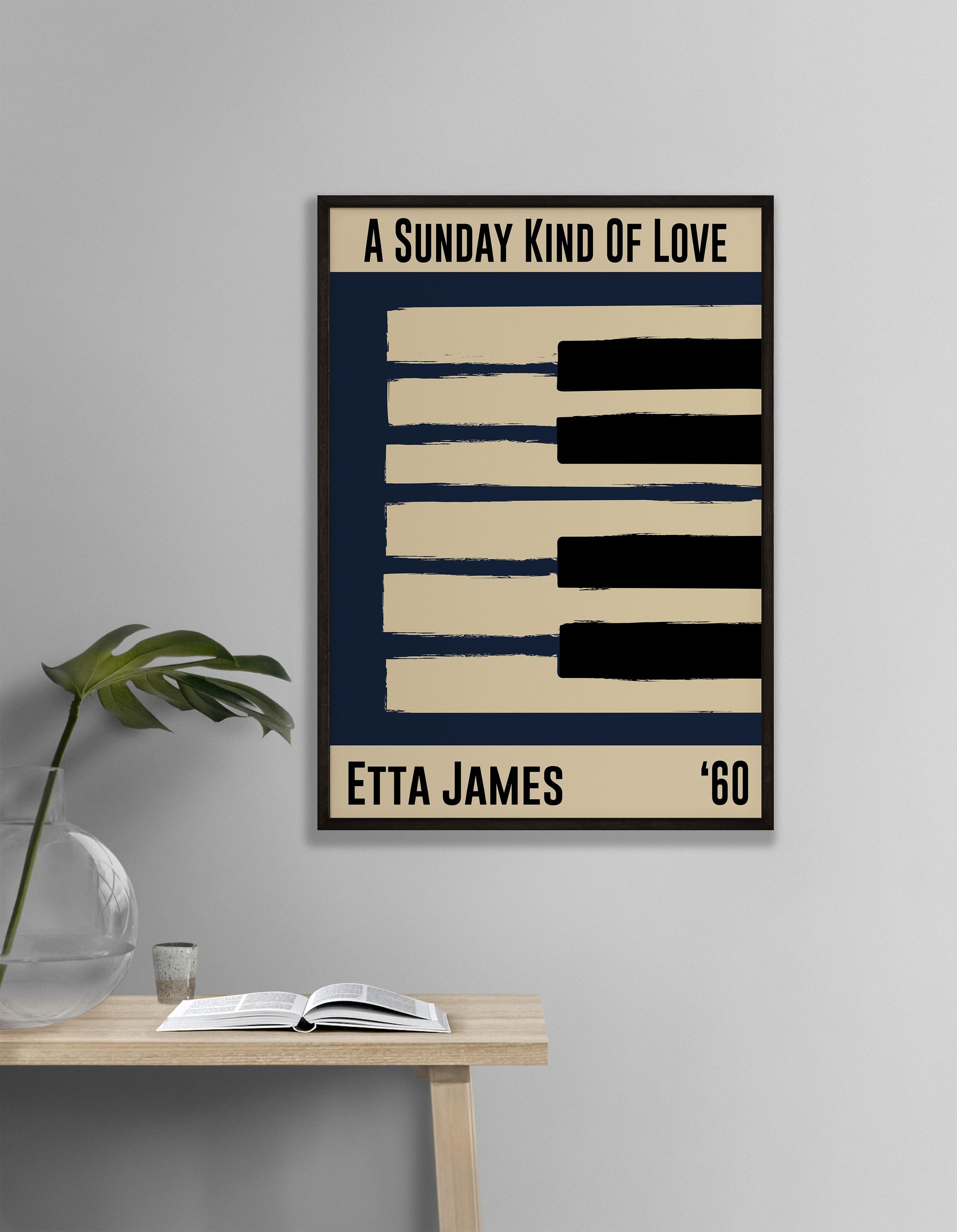 Framed jazz poster featuring a piano design and Etta James' 1960 song 'Sunday Kind of Love'. Vintage music decor, classic jazz art, perfect for jazz enthusiasts and Etta James fans.
