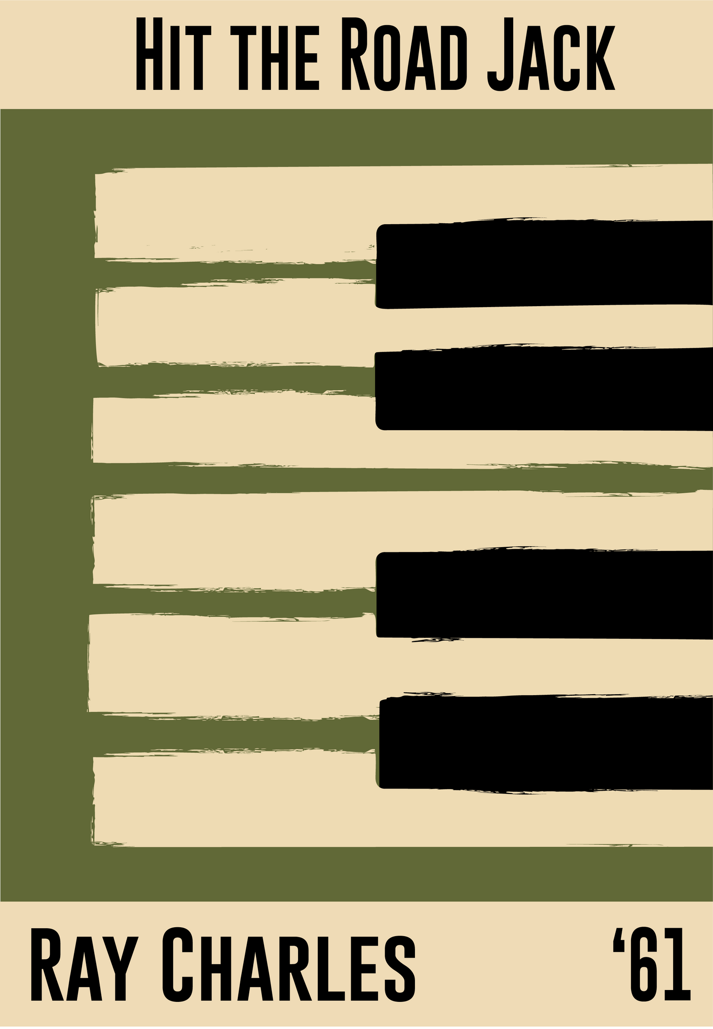 Olive green and cream piano design celebrating Ray Charles' Hit the Road Jack, released in 1961