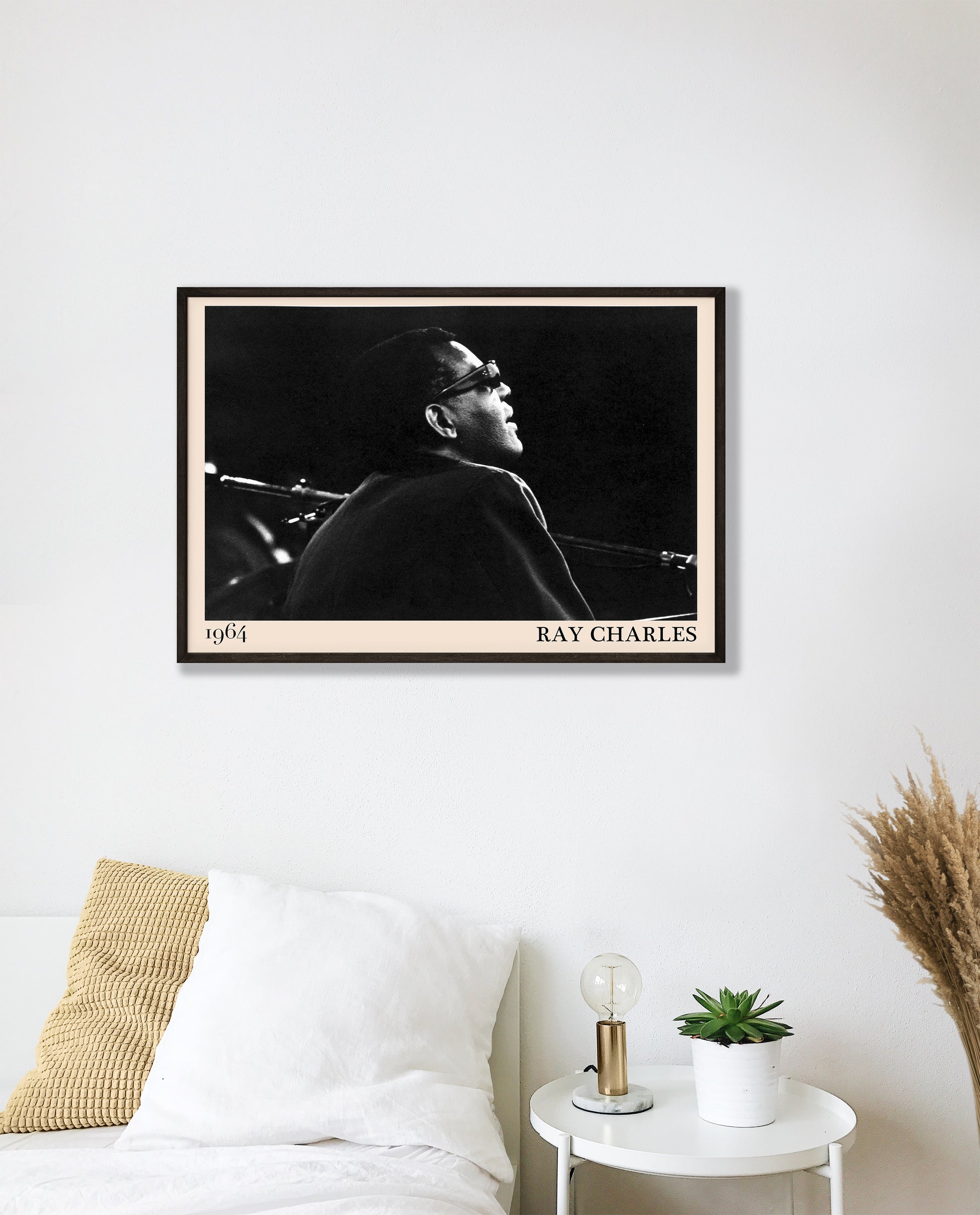 1964 photograph of blues legend Ray Charles, transformed into a cool black-framed poster hanging on a white bedroom room wall