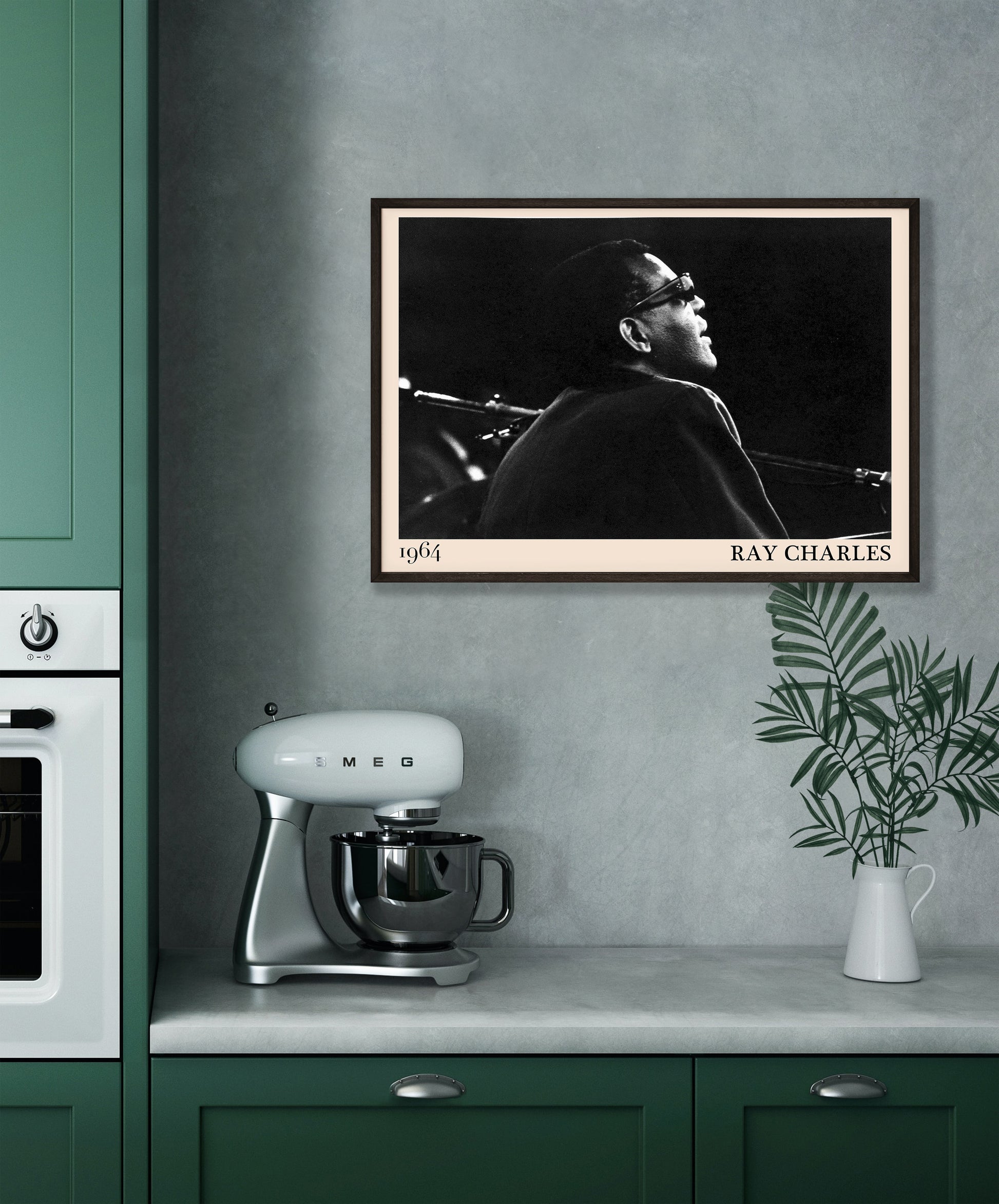 1964 photograph of blues legend Ray Charles, transformed into a retro black-framed poster hanging on a green kitchen wall