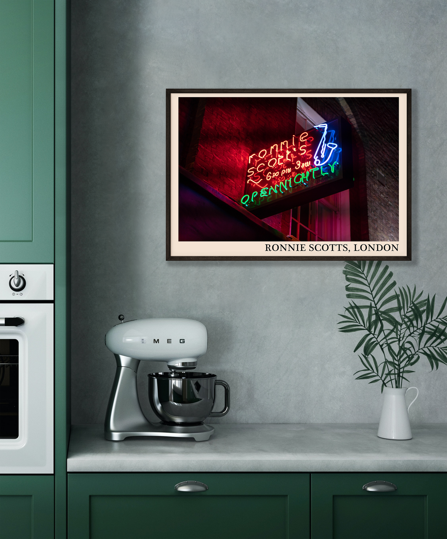 Iconic photo of Ronnie Scotts jazz club in London. Picture crafted into a cool black framed music poster, with an off-white border. Poster is hanging on a white bedroom wall