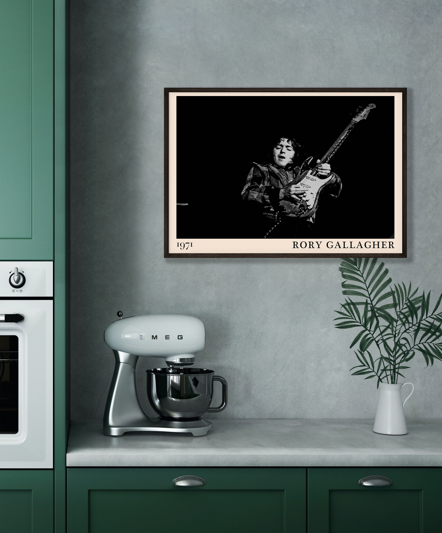 Iconic image of rock musician Rory Gallagher performing, captured by Heinrich Klaffs in 1971 and transformed into vintage-inspired wall decor hanging on a grey kitchen wall