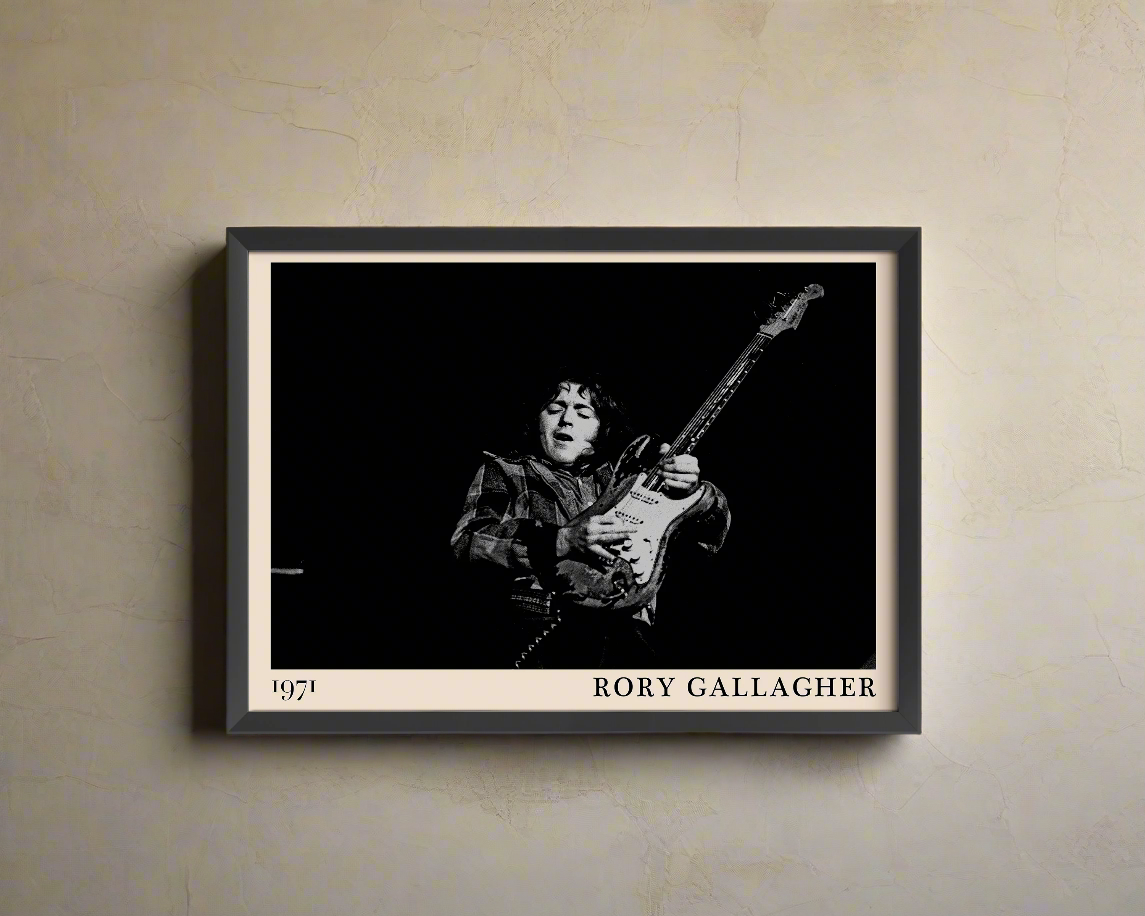 Iconic image of rock band The Who performing, captured by Heinrich Klaffs and transformed into vintage-inspired wall decor, hanging on a light brown rustic concrete wall