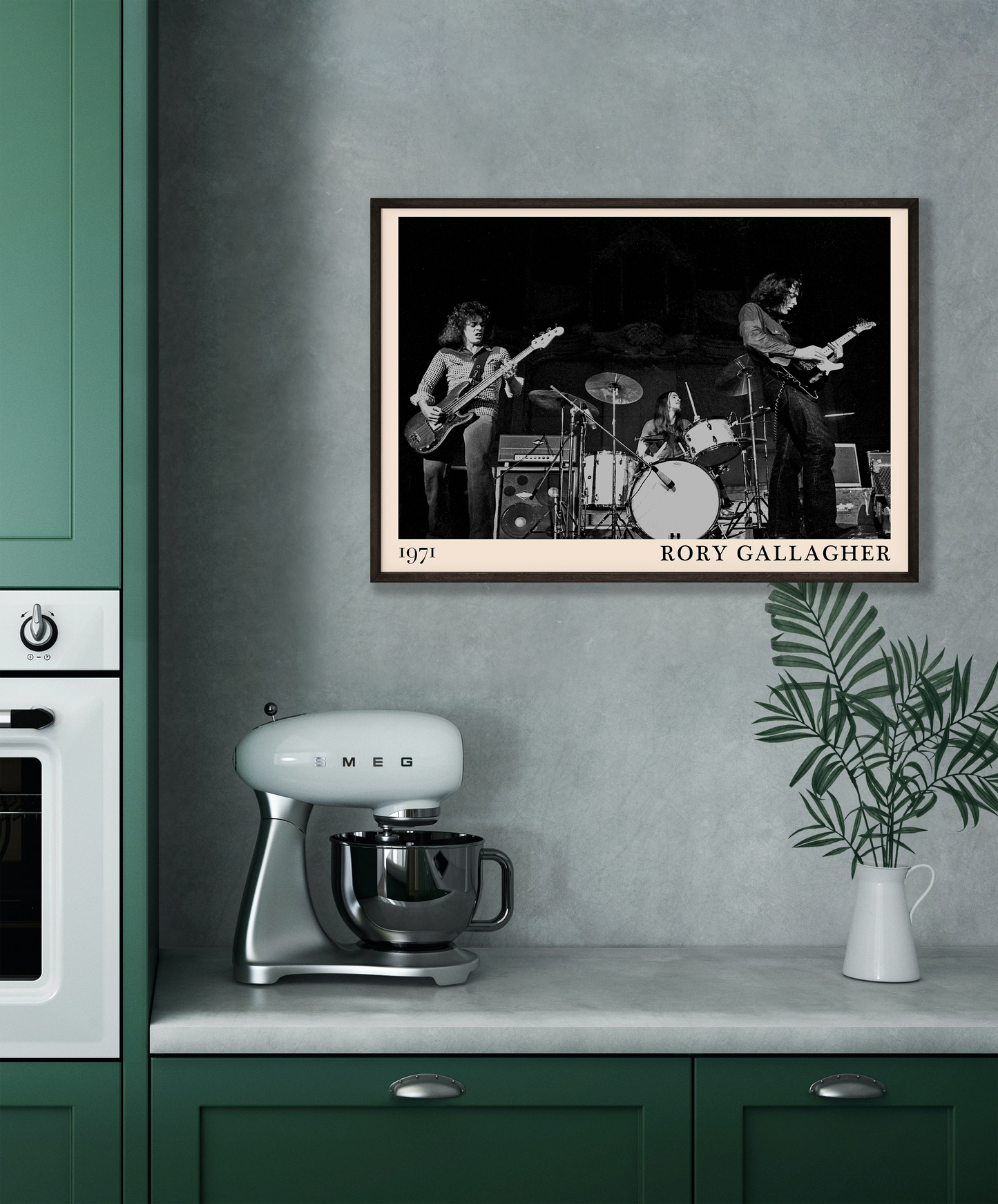 Iconic image of rock band Rory Gallagher performing, captured by Heinrich Klaffs in 1971 and transformed into vintage-inspired wall decor hanging on a grey kitchen wall