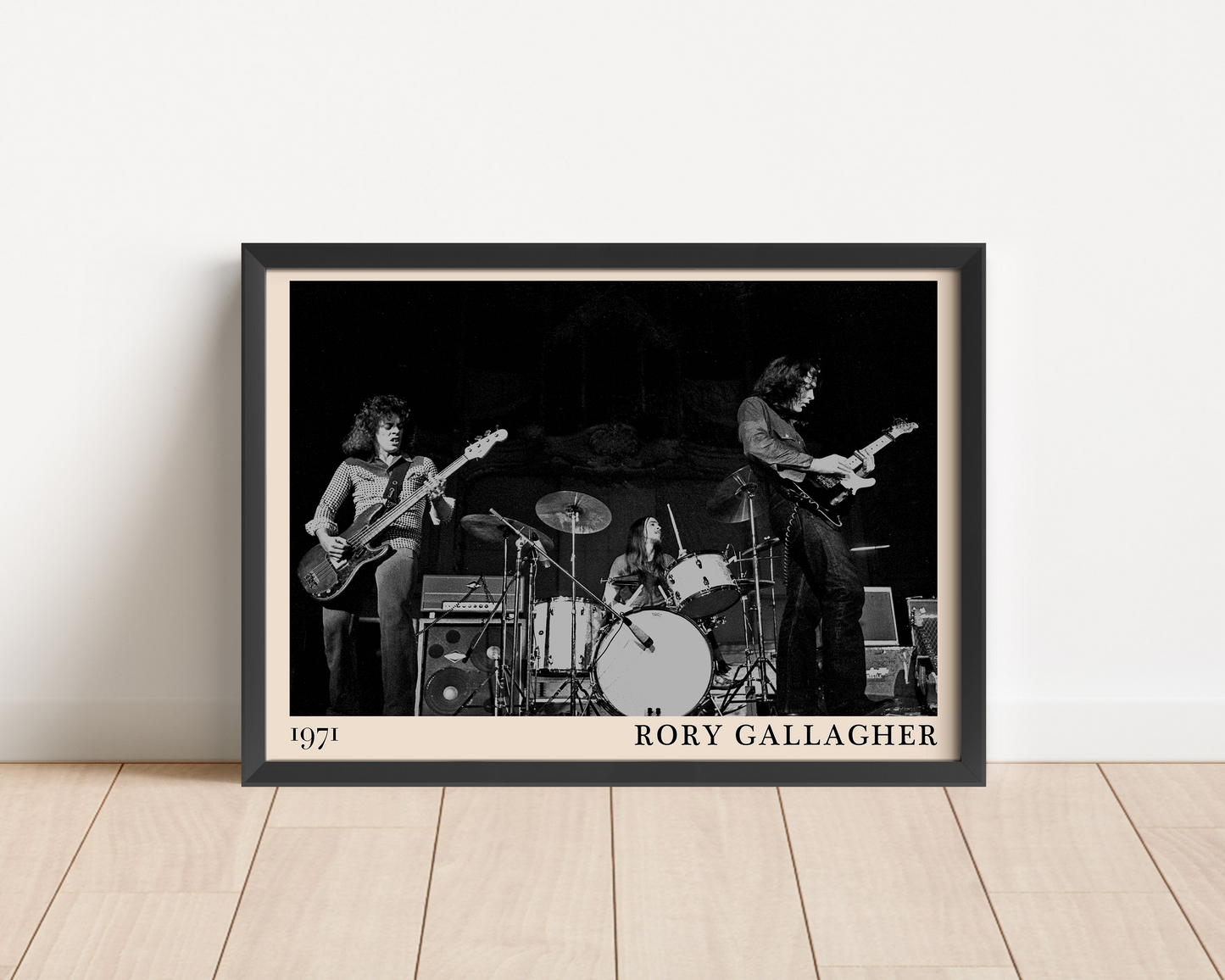 Iconic image of rock band Rory Gallagher performing, captured by Heinrich Klaffs and transformed into vintage-inspired wall decor