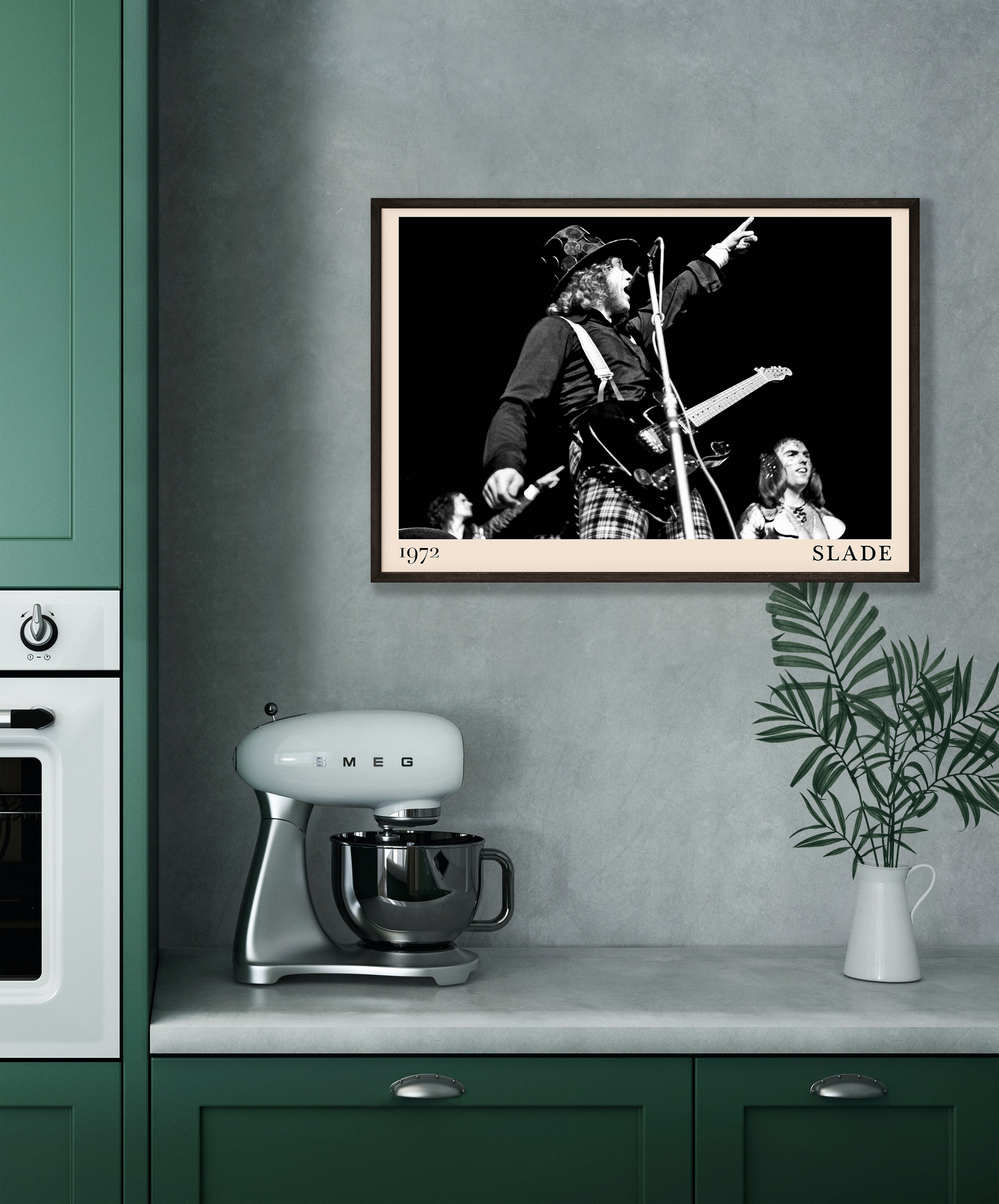 Iconic image of rock band Slade performing, captured by Heinrich Klaffs in 1971 and transformed into vintage-inspired wall decor hanging on a grey kitchen wall