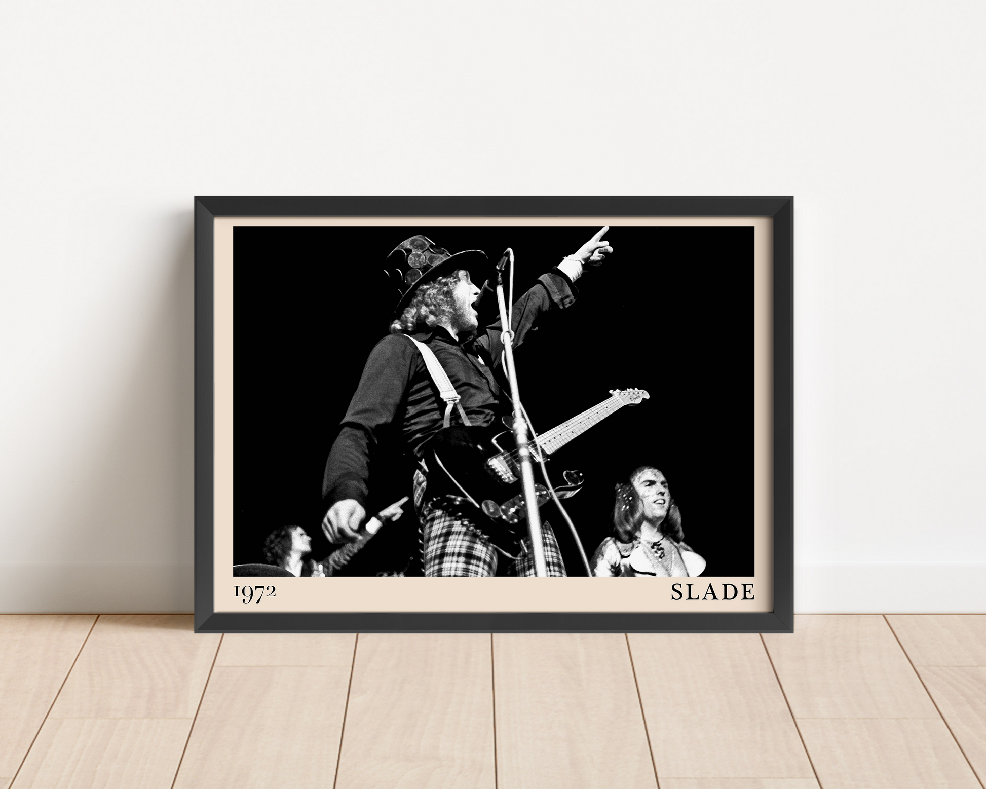 Iconic image of rock band Slade performing, captured by Heinrich Klaffs and transformed into vintage-inspired wall decor