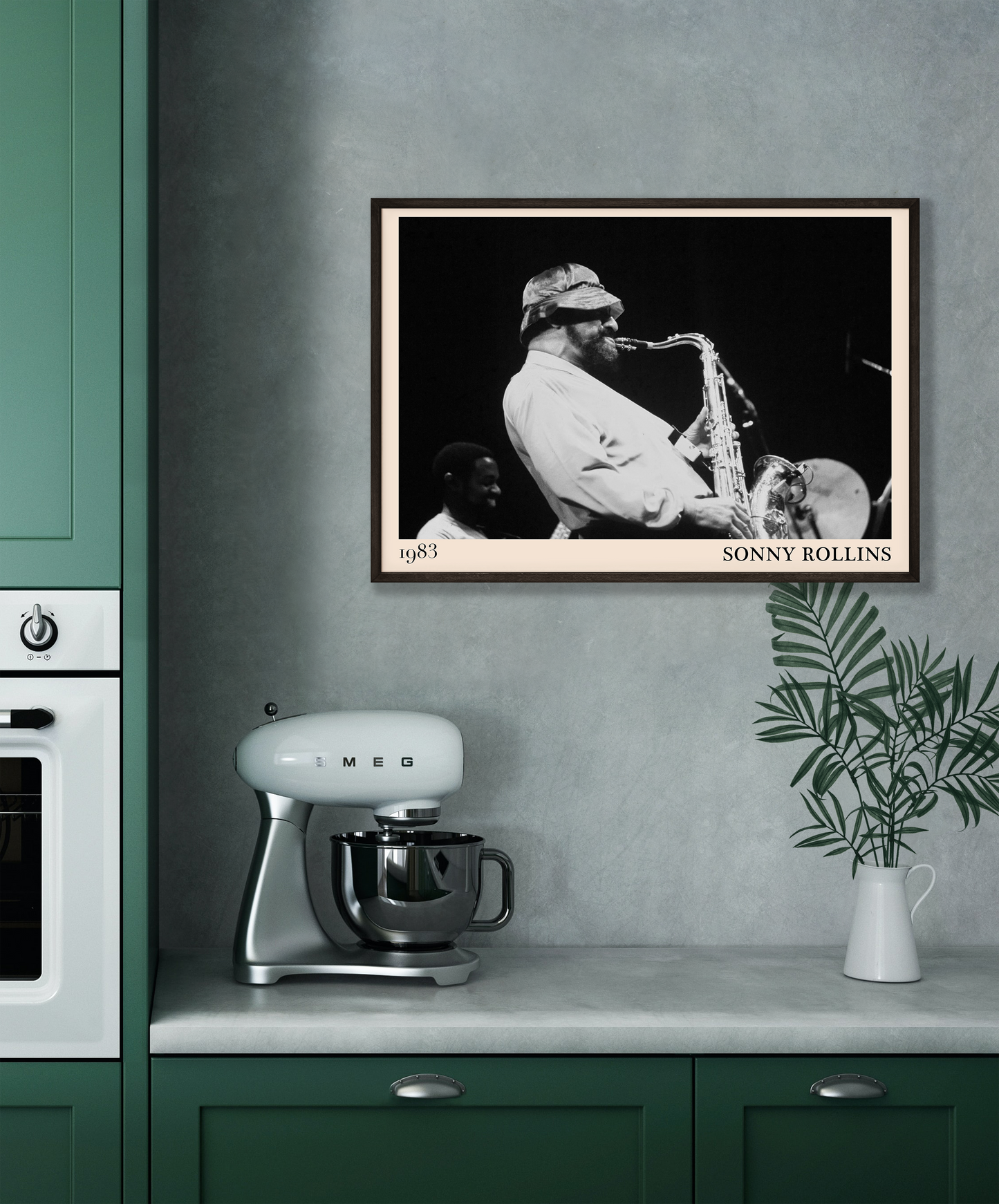 1989 photograph of Sonny Rollins playing the saxophone, transformed into a stylish black-framed jazz poster hanging on a grey kitchen wall