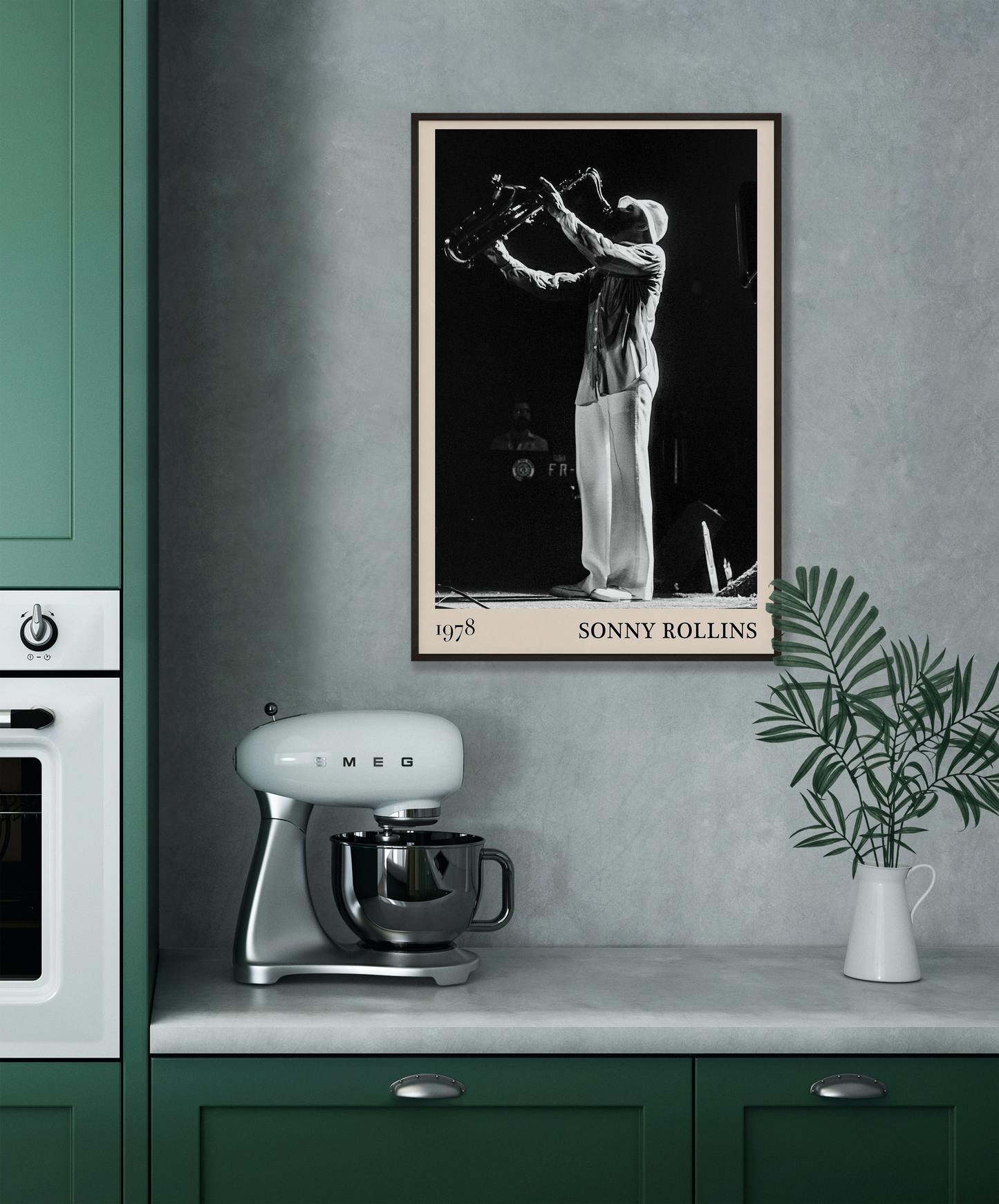 1978 photograph of Sonny Rollins playing the saxophone, transformed into a stylish black-framed jazz poster hanging on a grey kitchen wall