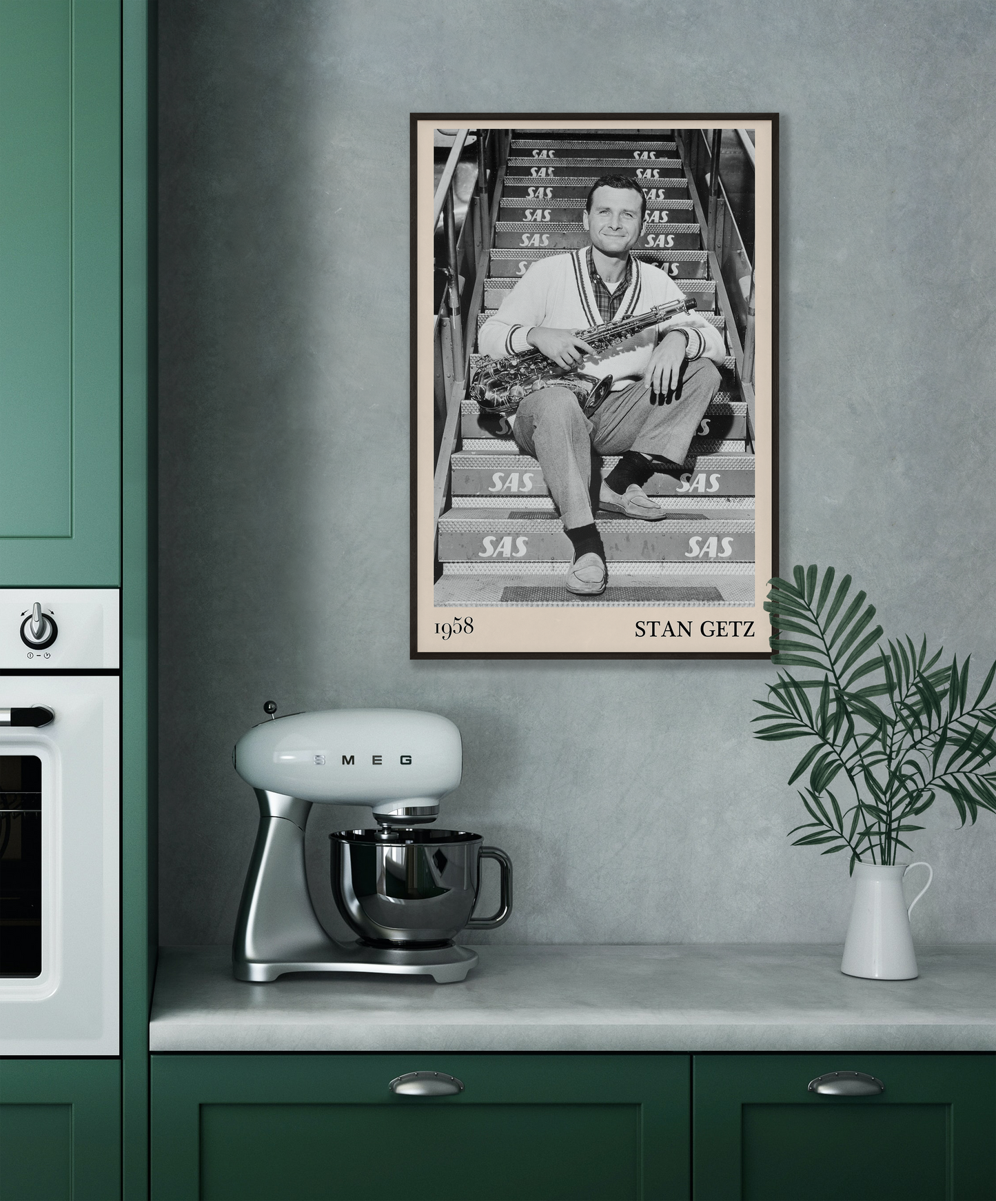1958 picture of Stan Getz holding his saxophone. Picture crafted into a cool black framed music poster, with an off-white border. Poster is hanging on a grey kitchen wall