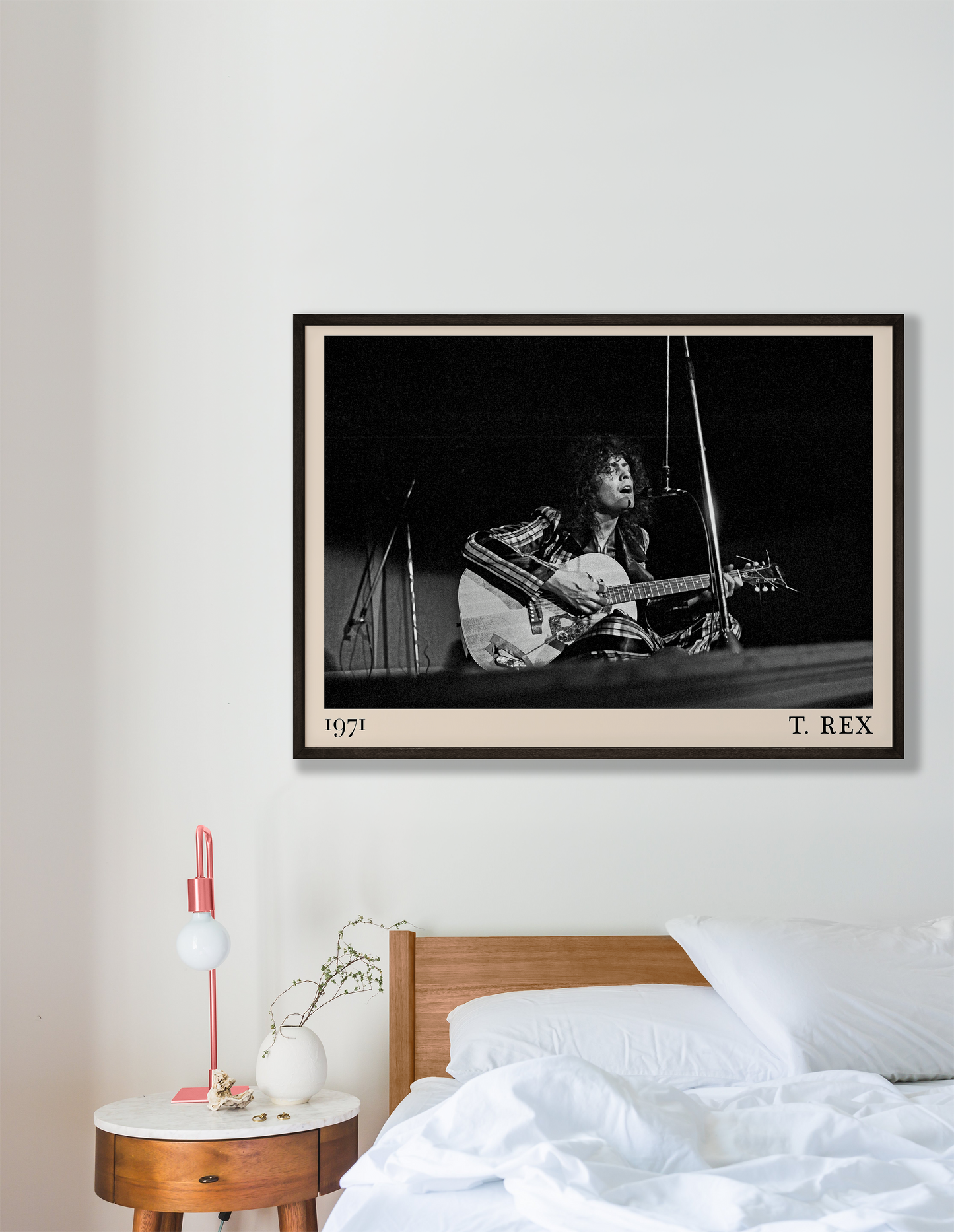 Iconic image of rock band T. Rec performing, captured by Heinrich Klaffs in 1971 and transformed into vintage-inspired wall decor hanging on a white bedroom wall