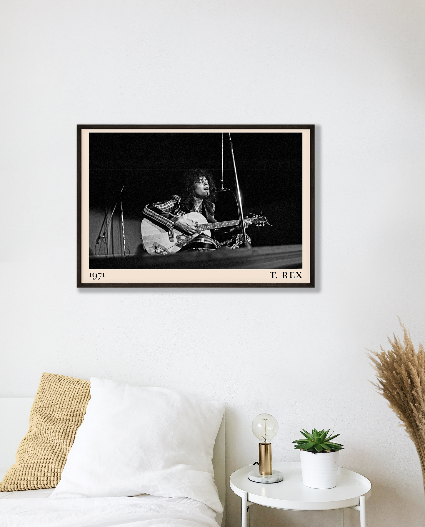 Iconic image of rock band T. Rec performing, captured by Heinrich Klaffs in 1971 and transformed into vintage-inspired wall decor hanging on a white bedroom wall