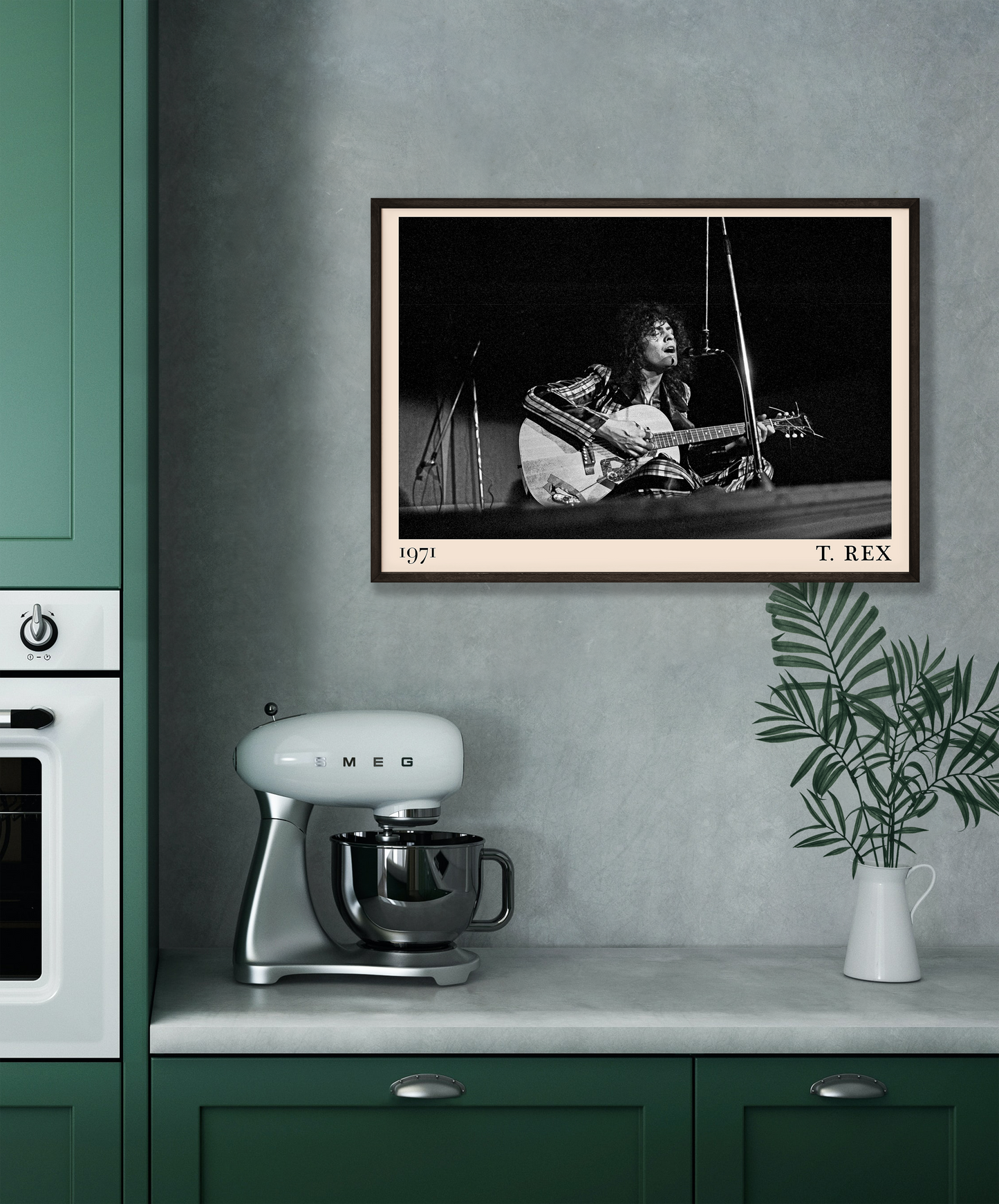 Iconic image of rock band T. Rec performing, captured by Heinrich Klaffs in 1971 and transformed into vintage-inspired wall decor hanging on a grey kitchen wall