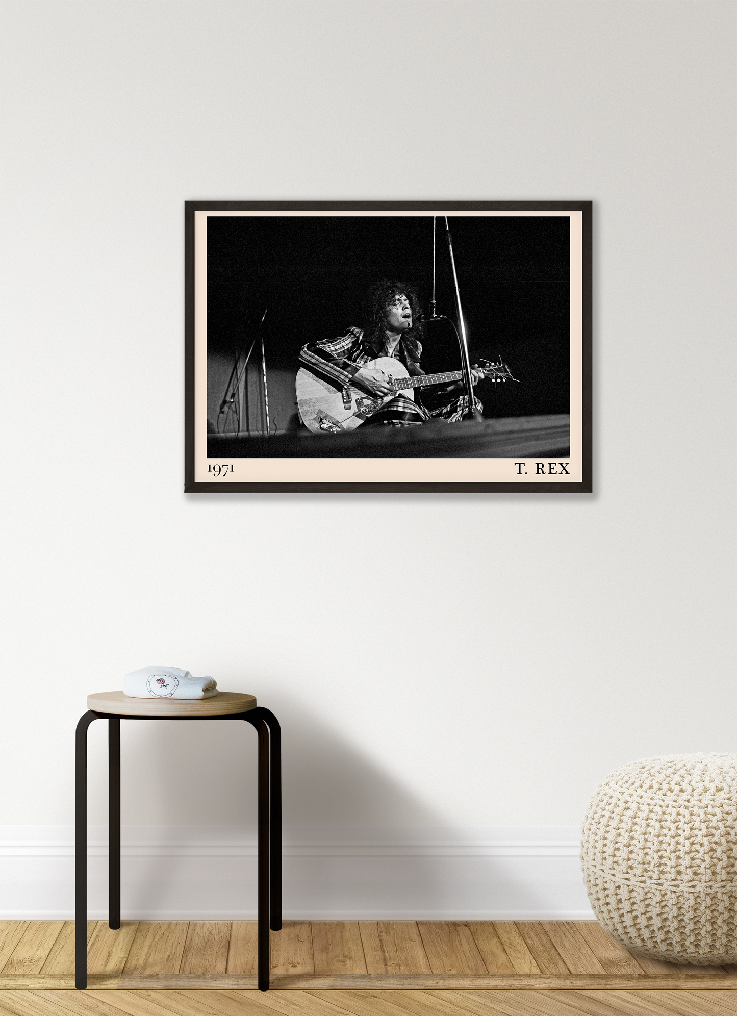Iconic image of rock band T. Rec performing, captured by Heinrich Klaffs in 1971 and transformed into vintage-inspired wall decor hanging on a white living room wall