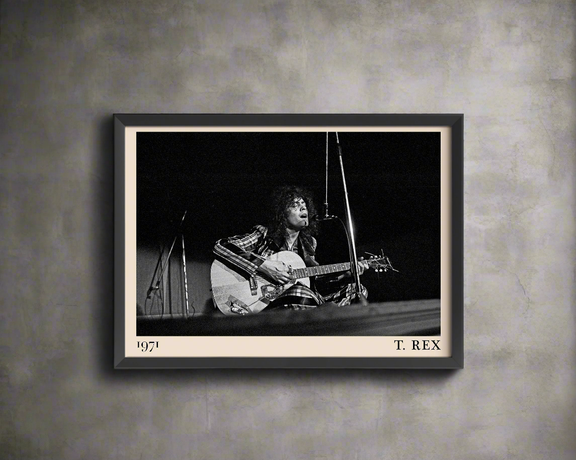 Iconic image of rock band T. Rex performing, captured by Heinrich Klaffs and transformed into vintage-inspired wall decor, hanging on a grey rustic concrete wall